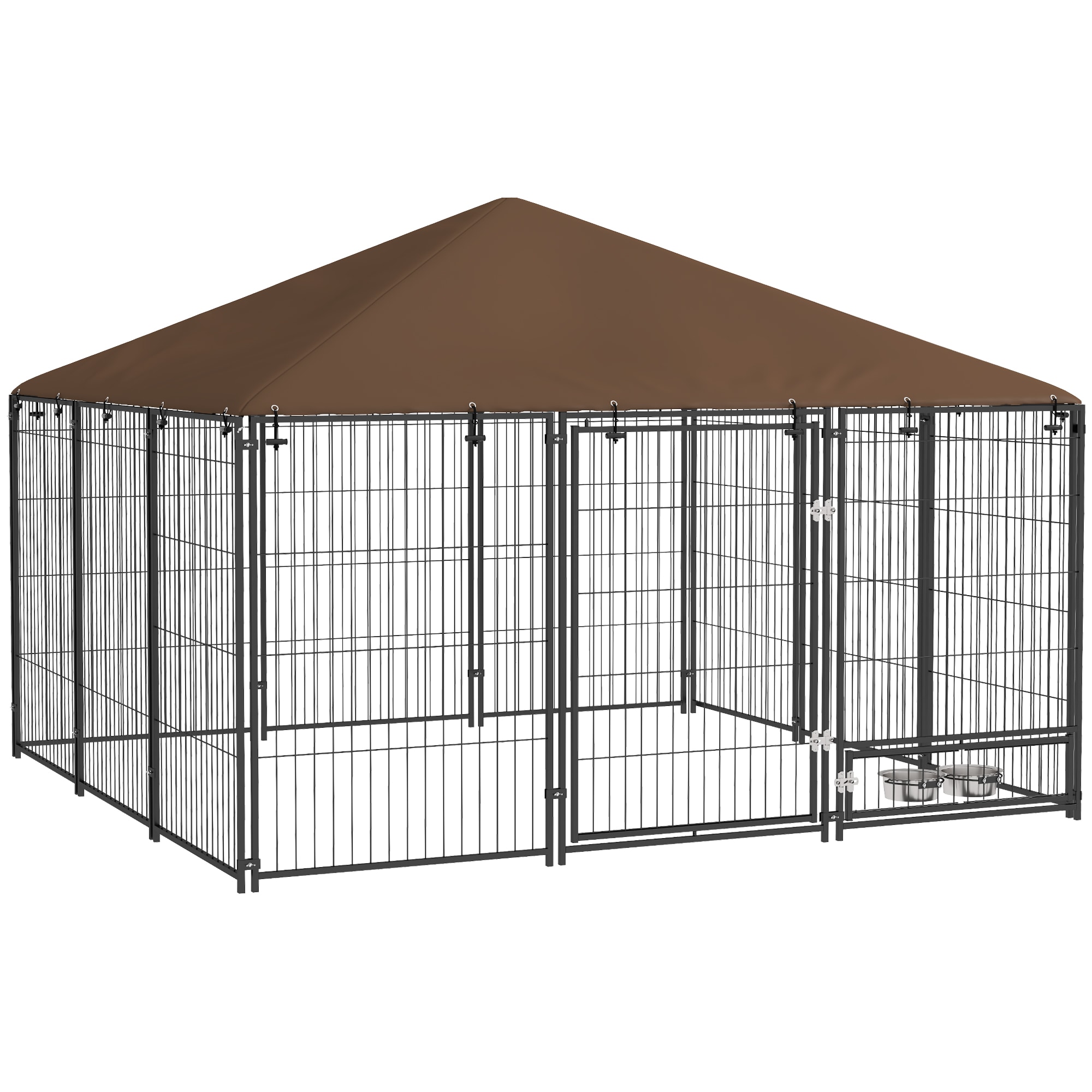 Misopily  Outdoor Dog Kennel 83 in x 83 in x 59 in Playpen with Covered Roof Rotating Feeding Bowl Steel Fence Enclosure Coffee