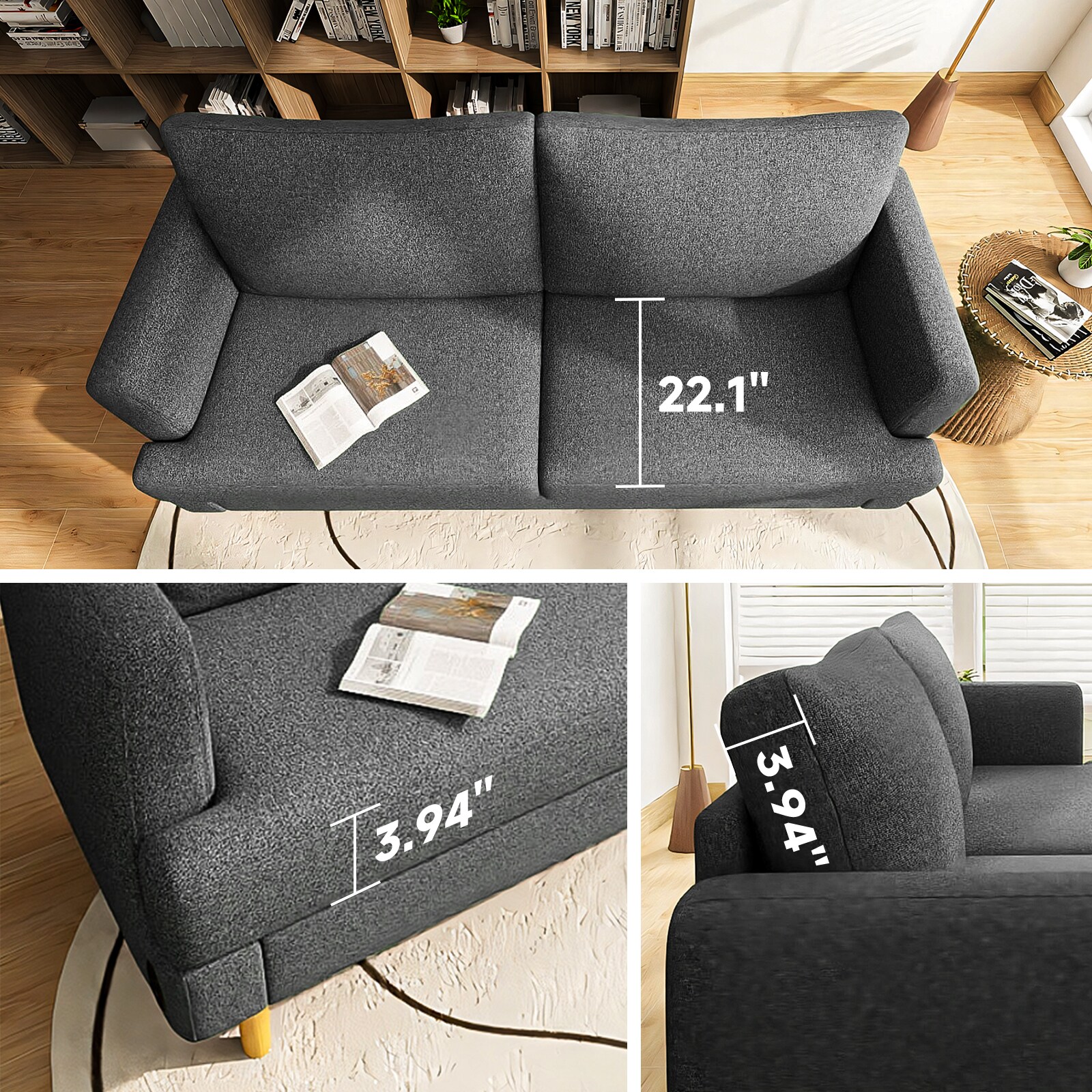 GRANDJOY Deep Grey Linen Loveseat Sofa with USB Charging Port and