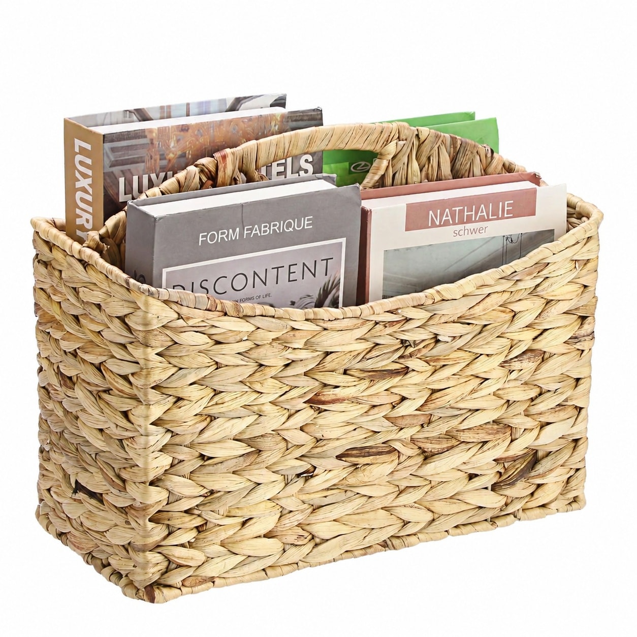 UUDULY  Woven Magazine Holder Natural Water Hyacinth Storage Basket with Two Sections Built in Handle for Books Files Bathroom Office Desk Decor