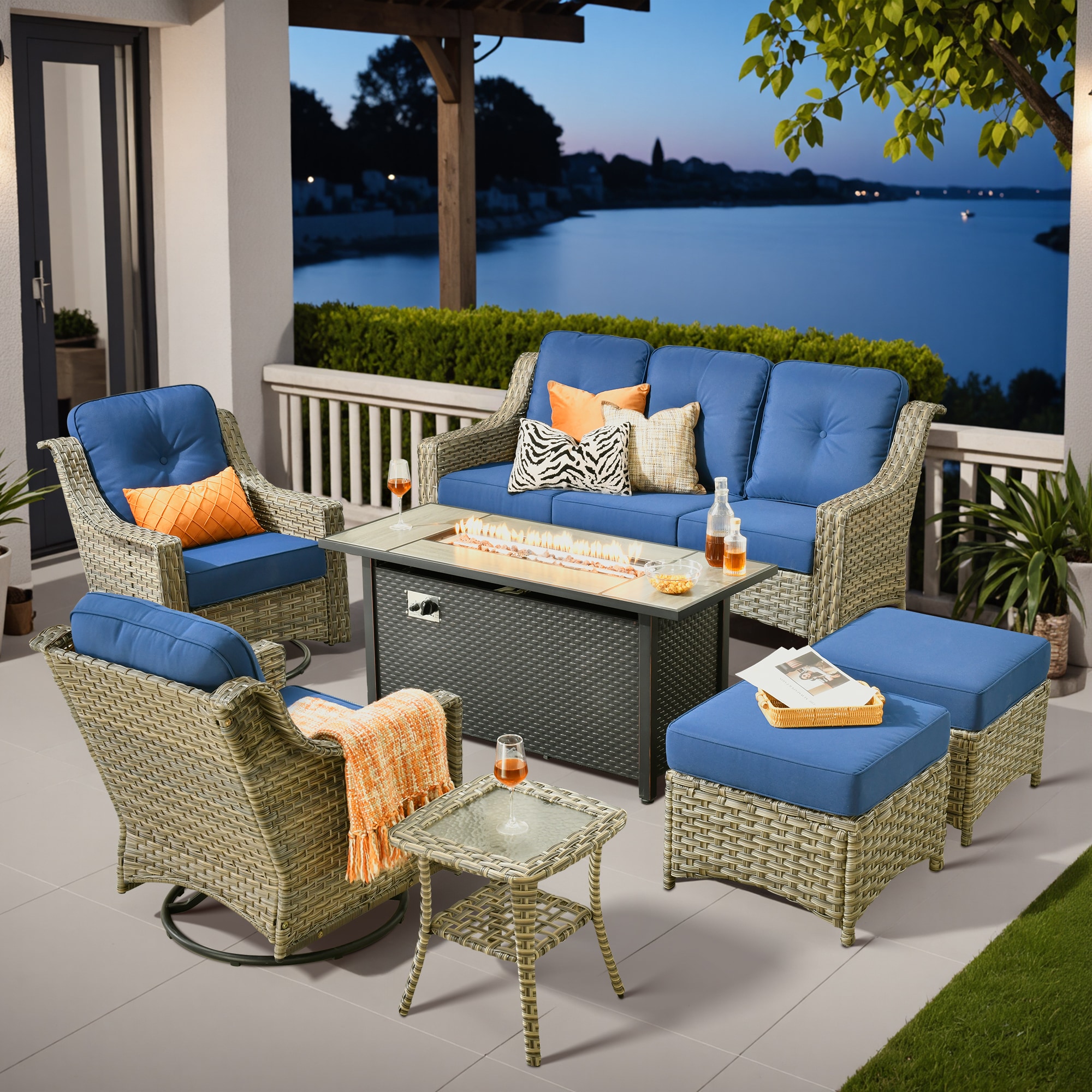 Ovios RFP5PD706Y 7 -Piece Rattan Patio Sofa Conversation Set with Navy Cushions