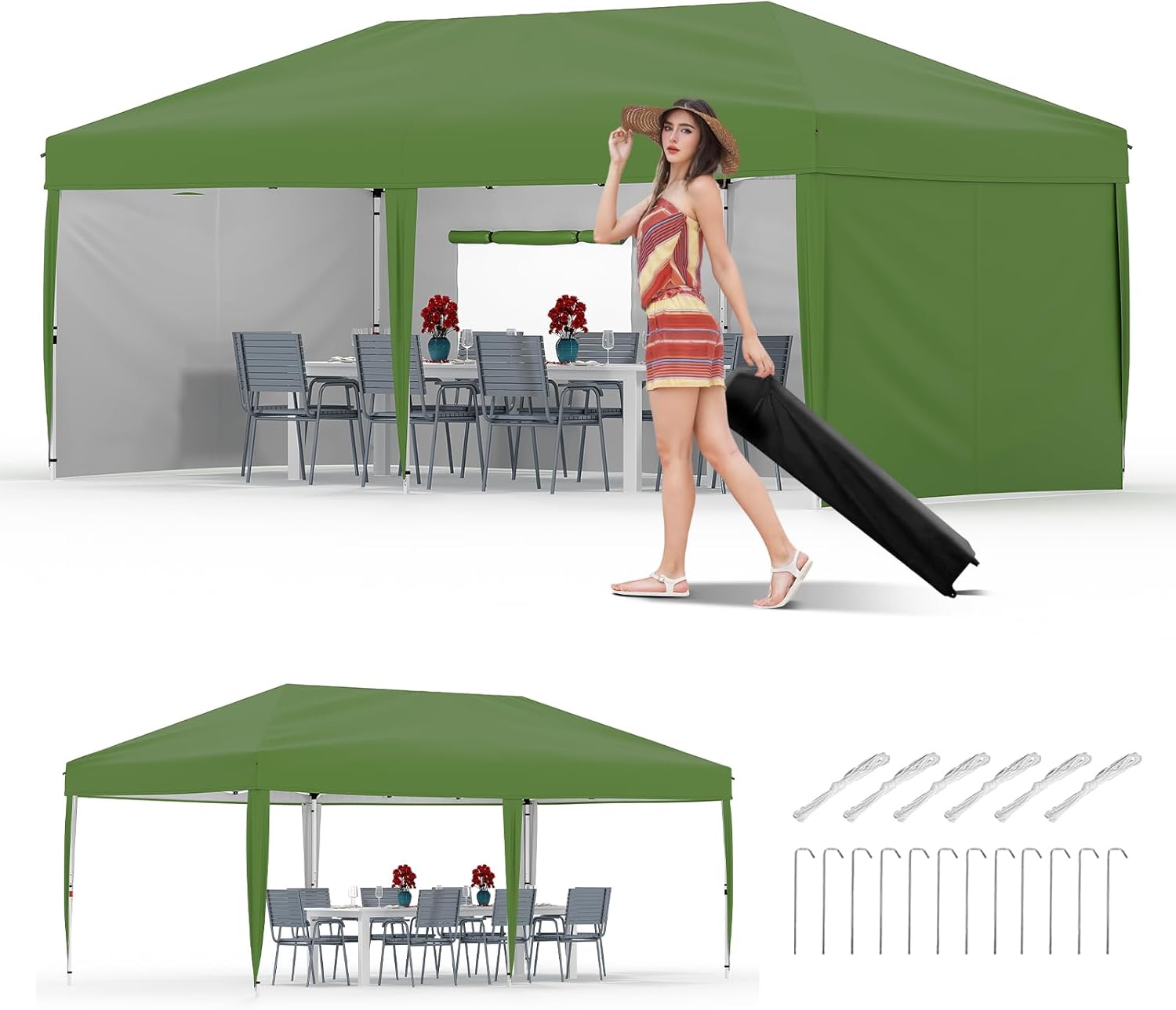 Garvee XSN-PHO-10XCU226 10x20 Pop Up Canopy with 4 Sidewalls-Heavy Duty Outdoor Canopy Tent with Portable Roller Bag-3 Adjustable Height 4 Weight Bags 8 Stakes and 6 Guy Ropes Included Green