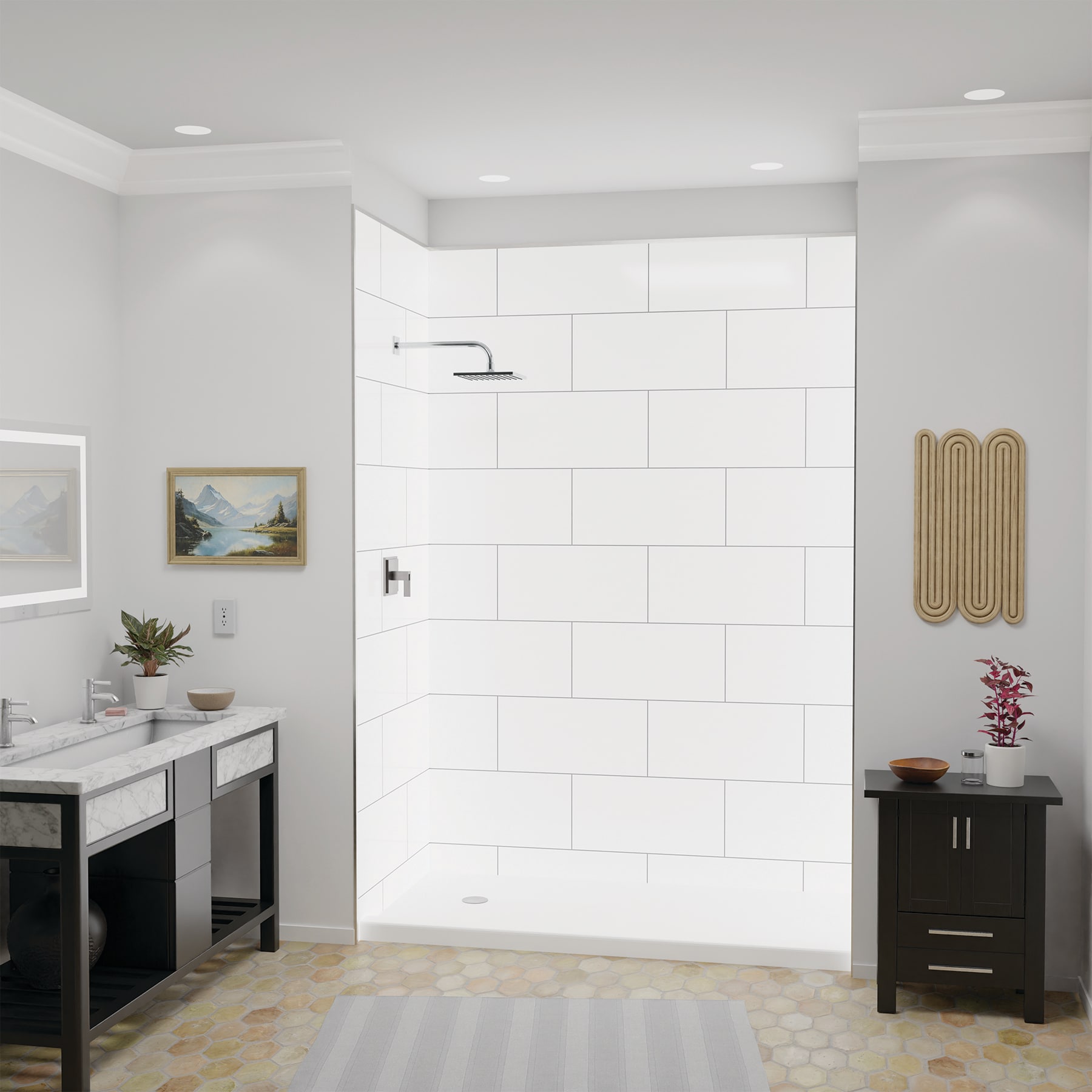 FlexStyle 60" x 36" x 80" White and Gray Block Shower Wall Surround with Brushed Nickel Trim