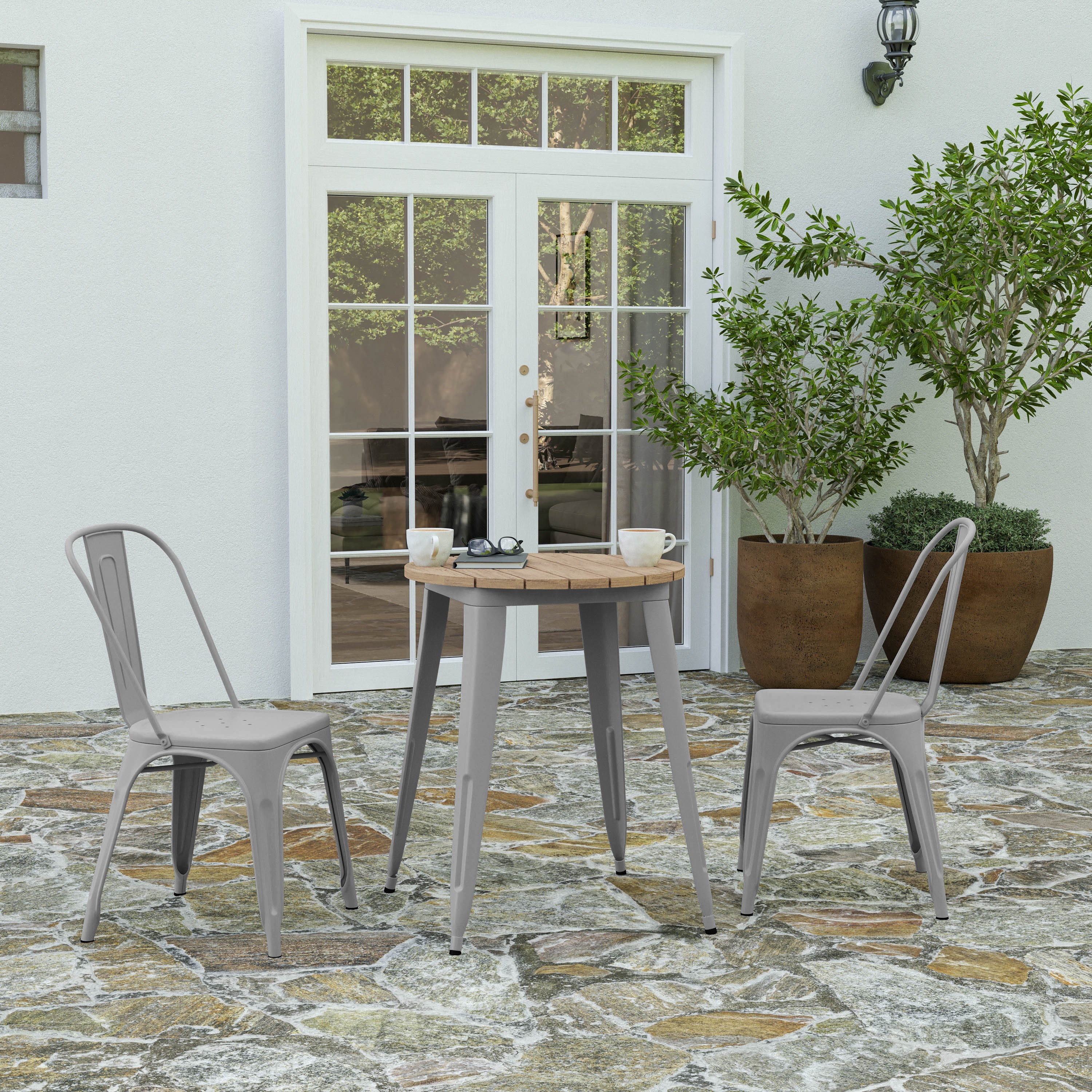 Merrick Lane Dryden Indoor/Outdoor Dining Table; 23.75-in Round All Weather Brown Poly Resin Top with Silver Steel Base