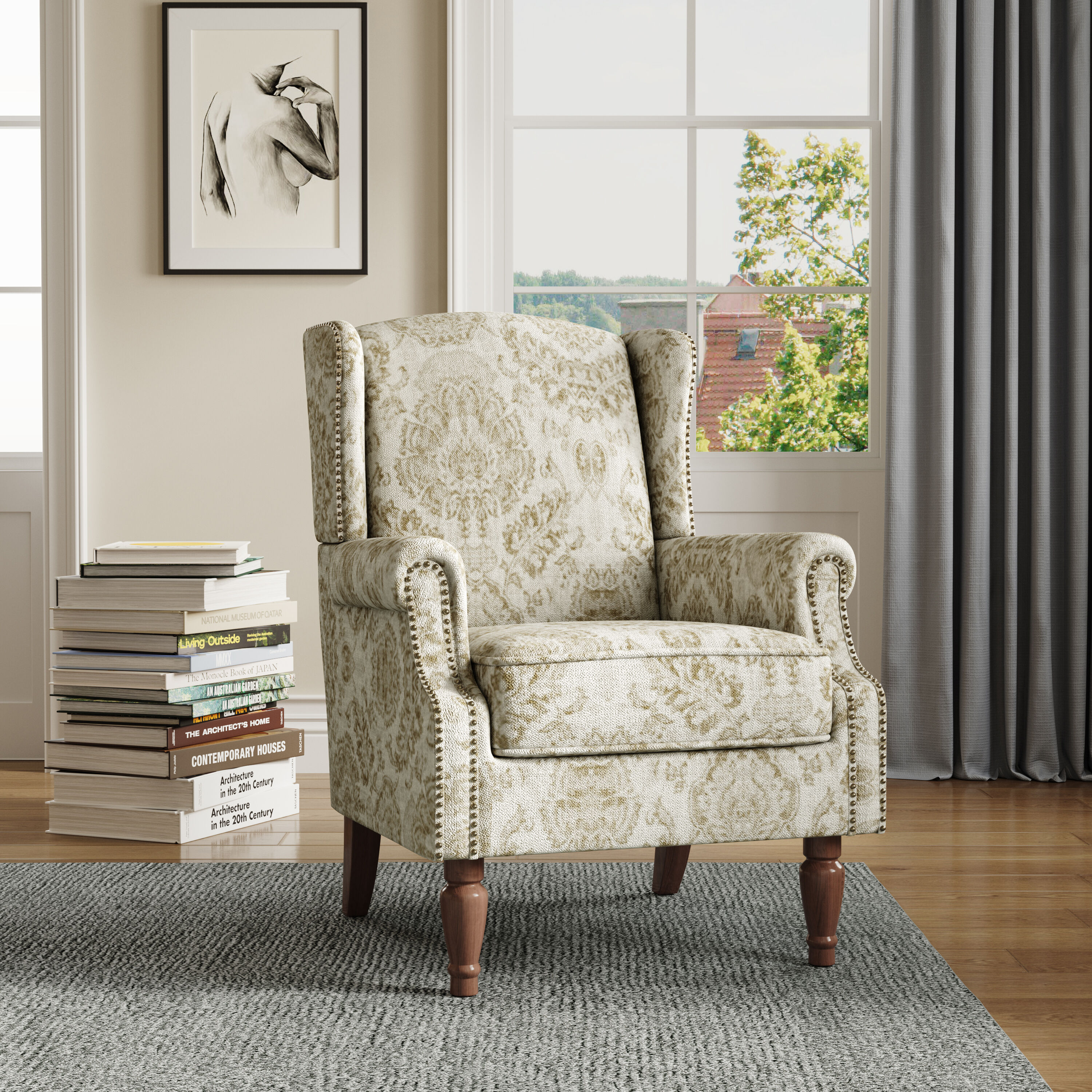 Dreamsidea - Upholstered Living Room Nailhead Trim Accent Chair with Wooden Legs White