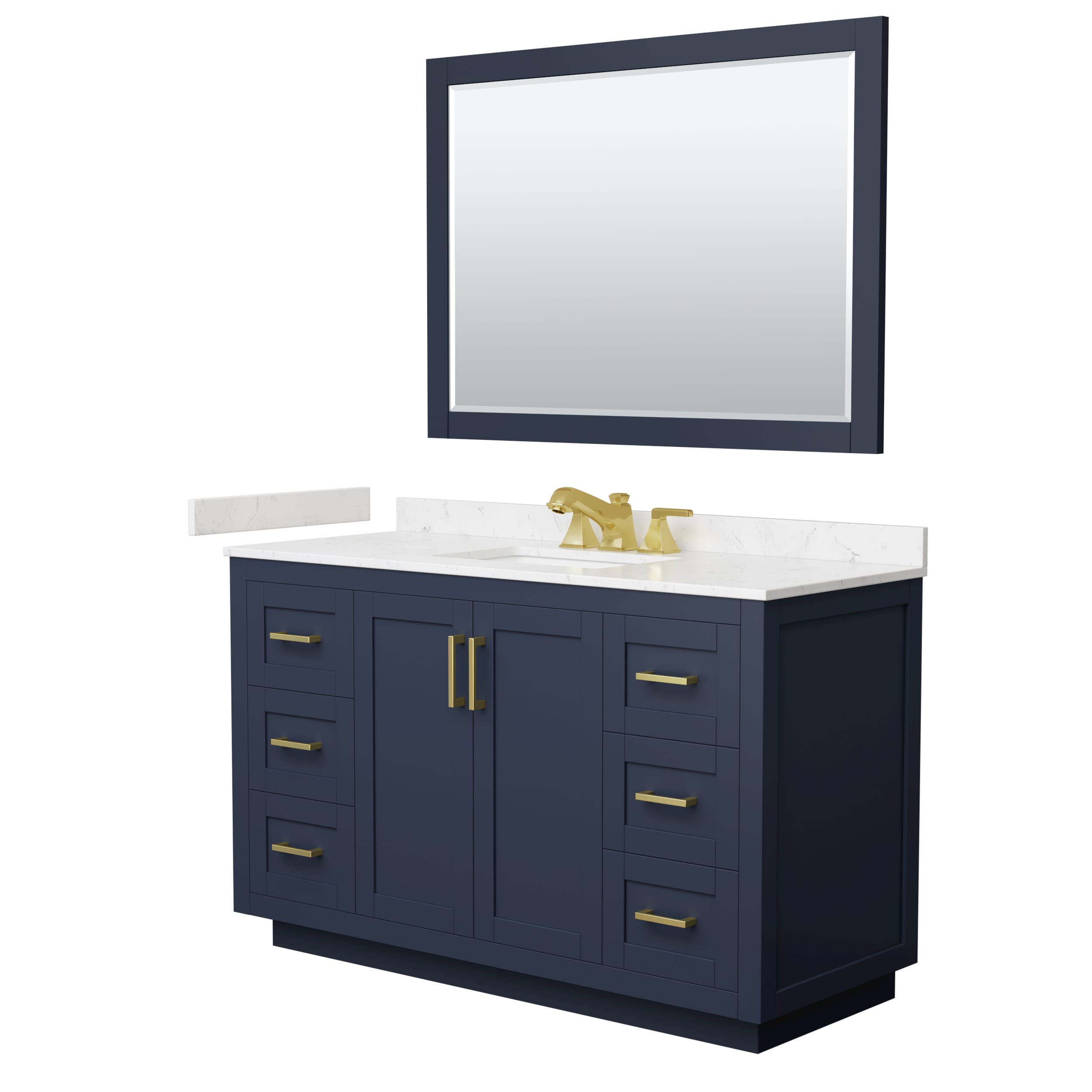 Wyndham Collection WCF292954SBLC2US3M46 Miranda 54-in Dark Blue with Brushed Gold Trim Undermount Single Sink Bathroom Vanity with Carrara Cultured Marble Cultured Marble Top (Mirror Included)
