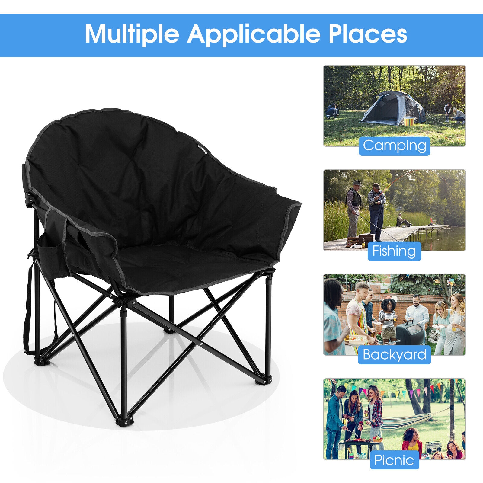 Black Folding Camping Moon Chair with Carrying Bag