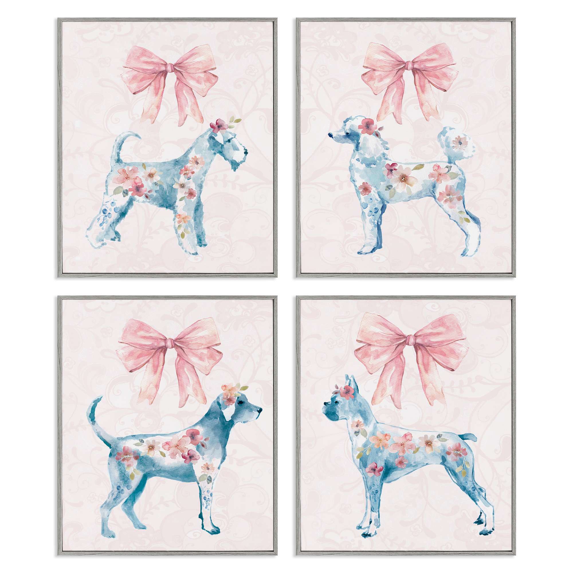 Stupell Industries A4-259-GFF-4PC-11X14 Chic Stylish Pastel Dogs 4 Piece Gray Framed Giclee Art Set By Carol Robinson 11 x 14