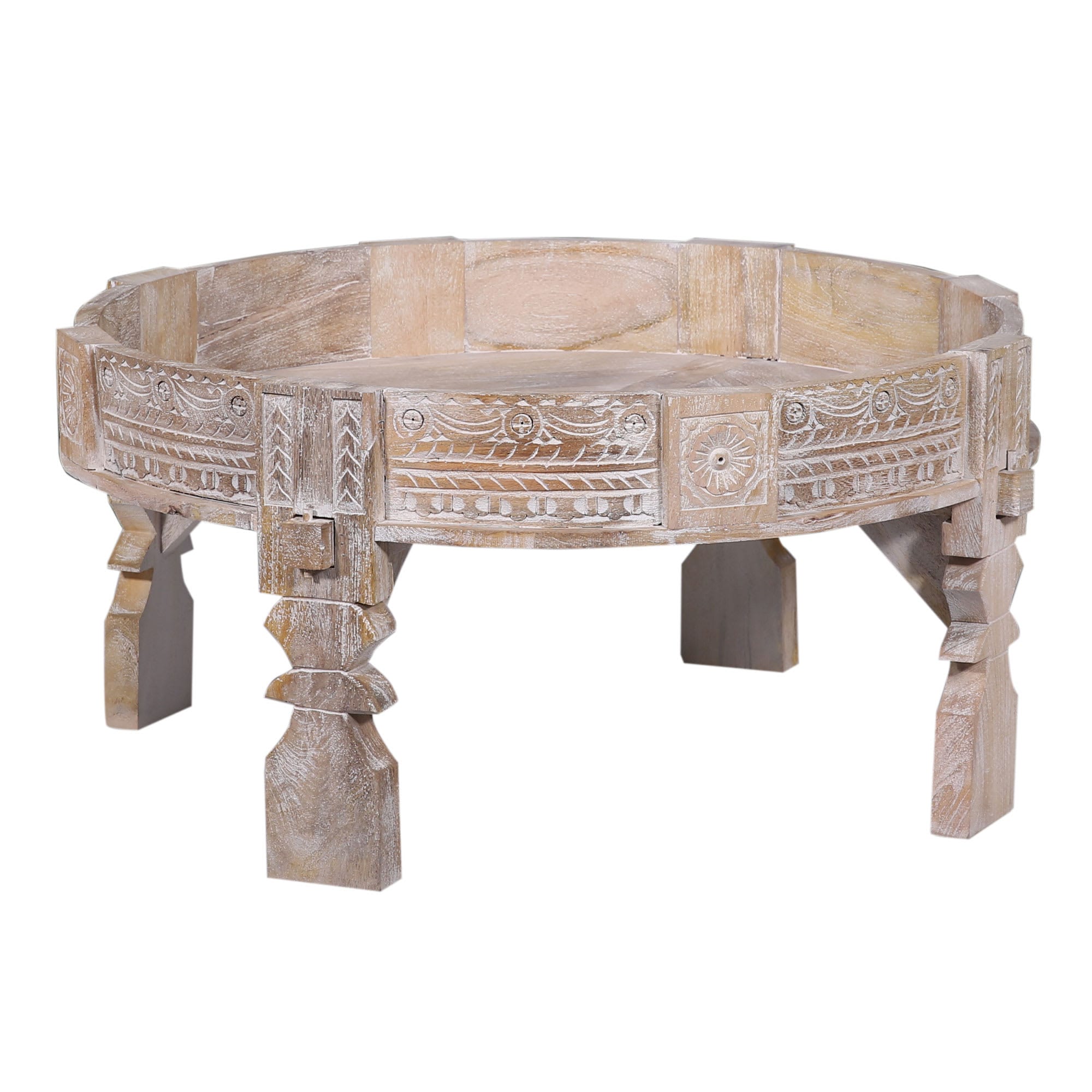Maven Lane 398736 Jaya Handmade Heritage Round Wooden Coffee Table Curved Real Wood Center Accent Table for Small Spaces in Natural Distressed Finish