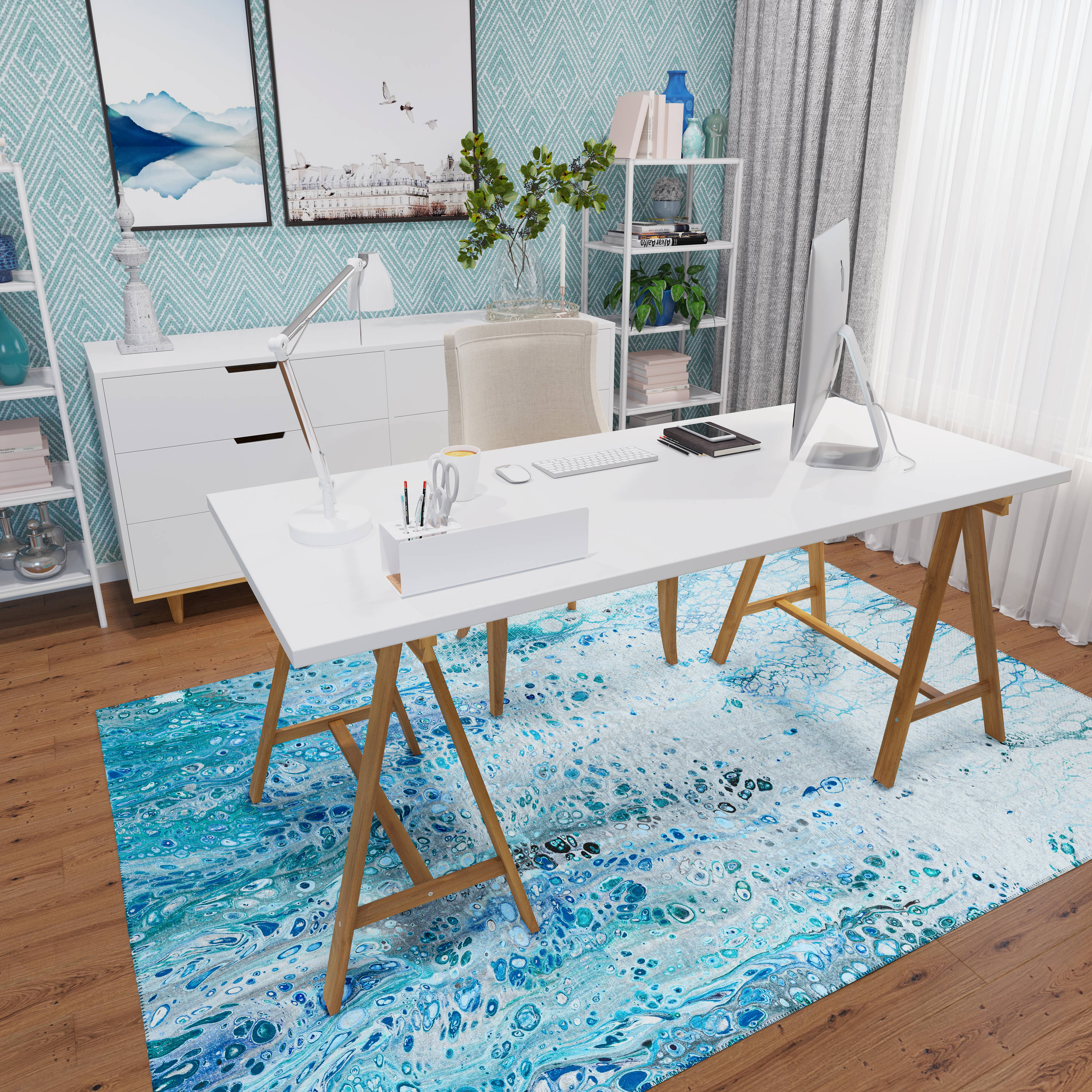 Karina Blue Abstract Chenille Non-Skid Accent Rug 1'8" x 2'6"