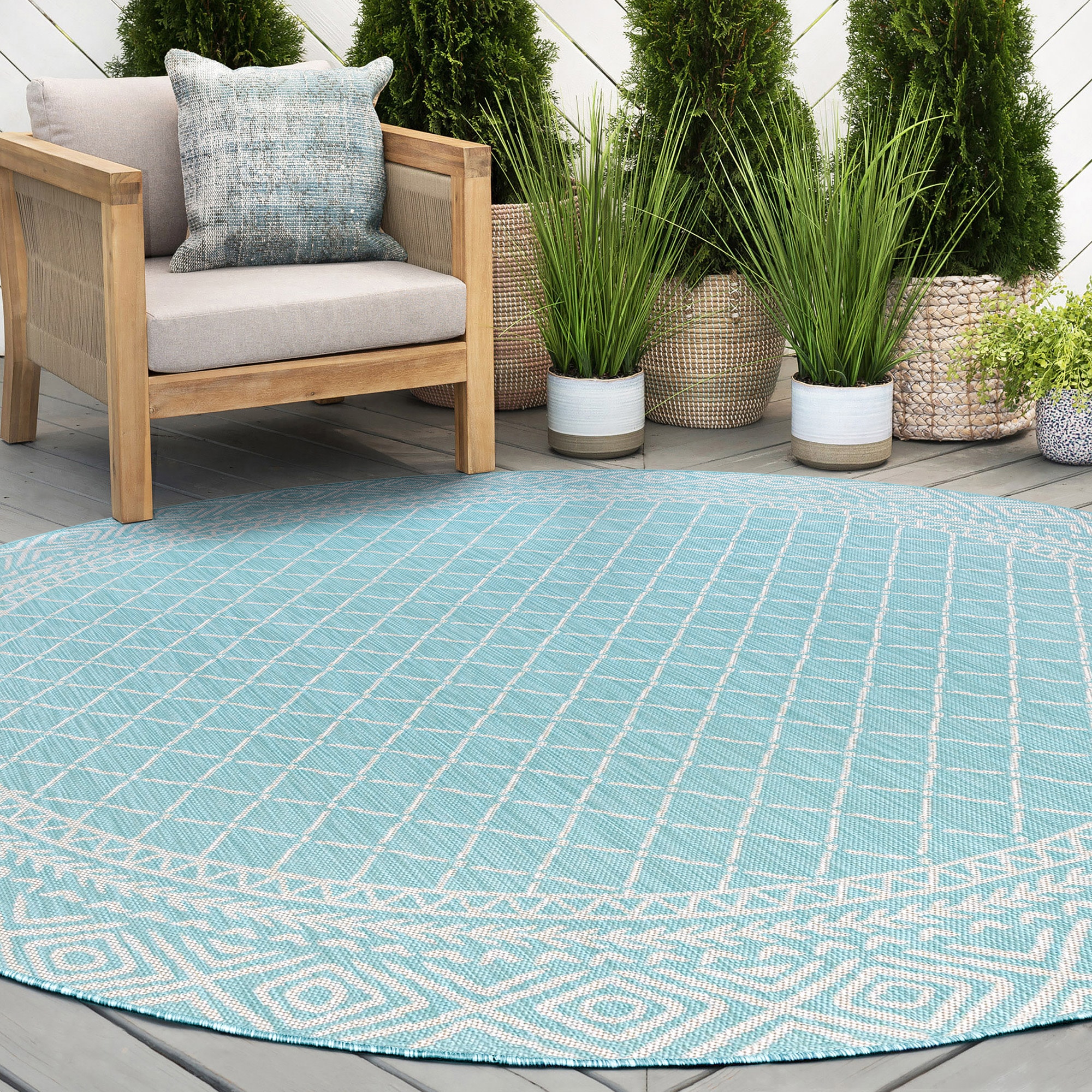  ECO2119 6RND Eco 6 x 6 (ft) Flatweave Polypropylene Aqua Round Indoor/Outdoor Area rug