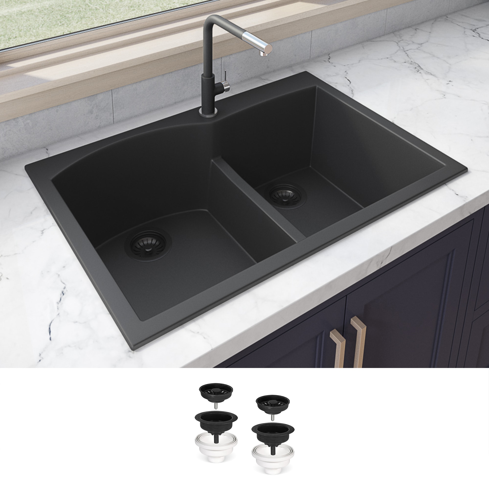 Ruvati RVG1345BK epiGranite Drop-in 33-in x 22-in Granite Double offset bowl Kitchen Sink