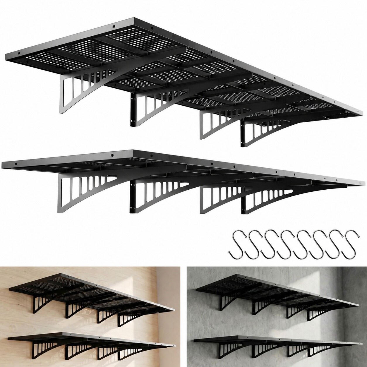 AOIZGMY  Garage Wall Shelving 4 Pack 2 by 3 feet Heavy Duty Wall Mounted Organizer Storage Shelf with Hooks Black durable home and garden