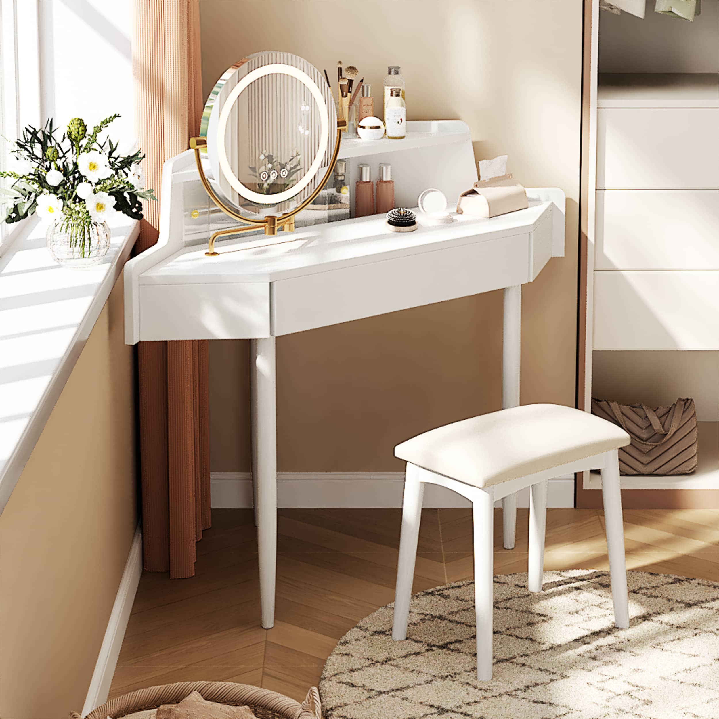 ModernLuxe L3P-N844P263664A Modern Corner Makeup Vanity Desk with Large StorageLED Mirror StoolBrightness AdjustableSpaceSaving for Small PlacesWhite
