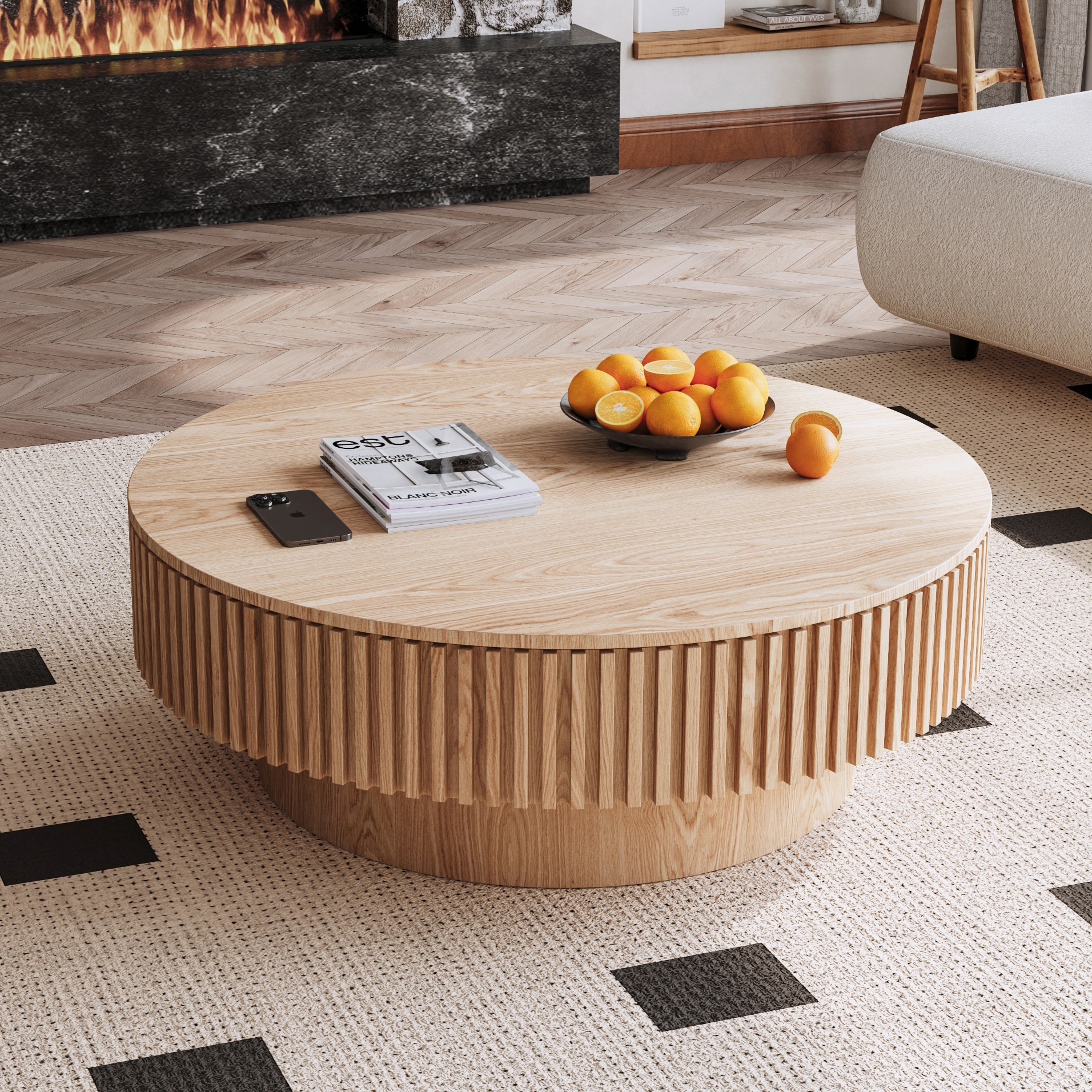 LOVMOR - 39 Inch Round Coffee Table With Storage Solid Wood Veneered Modern Coffee Table Accent T...