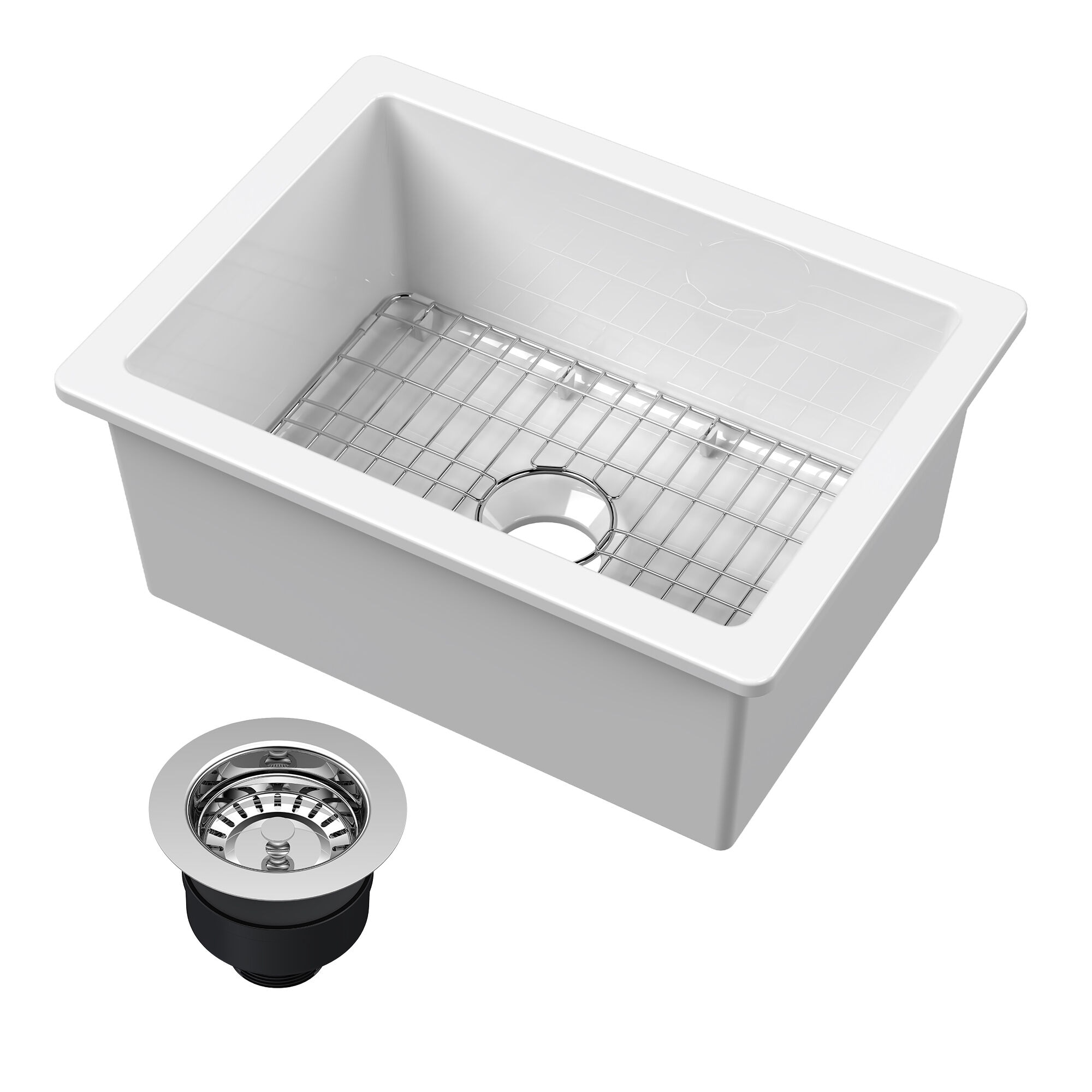 nuie Undermount Kitchen Sink 24-in x 18-in x 10-in Fireclay Single Bowl Kitchen Sink with Wire Grid Drainer and Chrome Drain #15524GLSSW