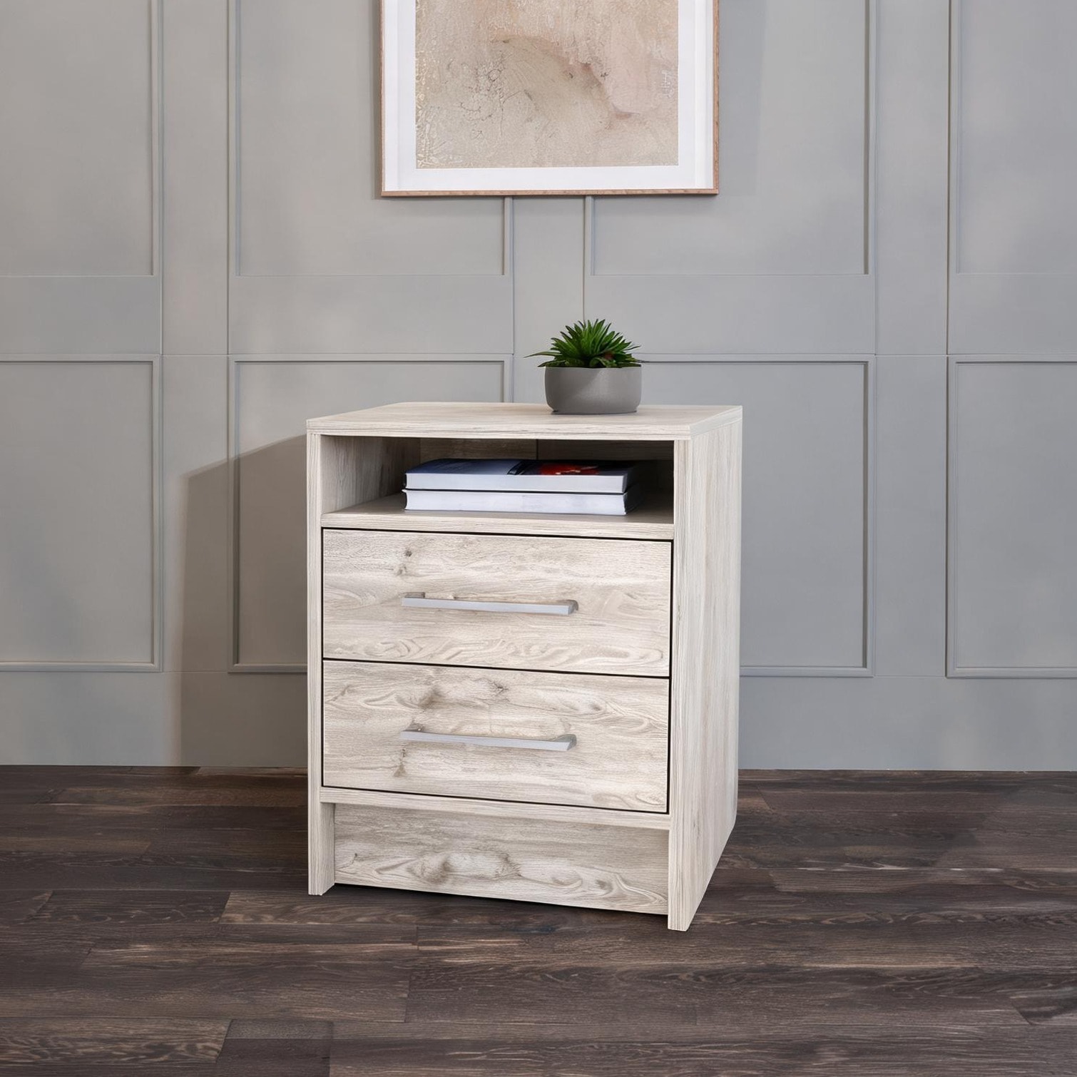 Slate Gray Particle Board Nightstand with Two Drawers and Open Shelf Modern Rectangular Bedside Table