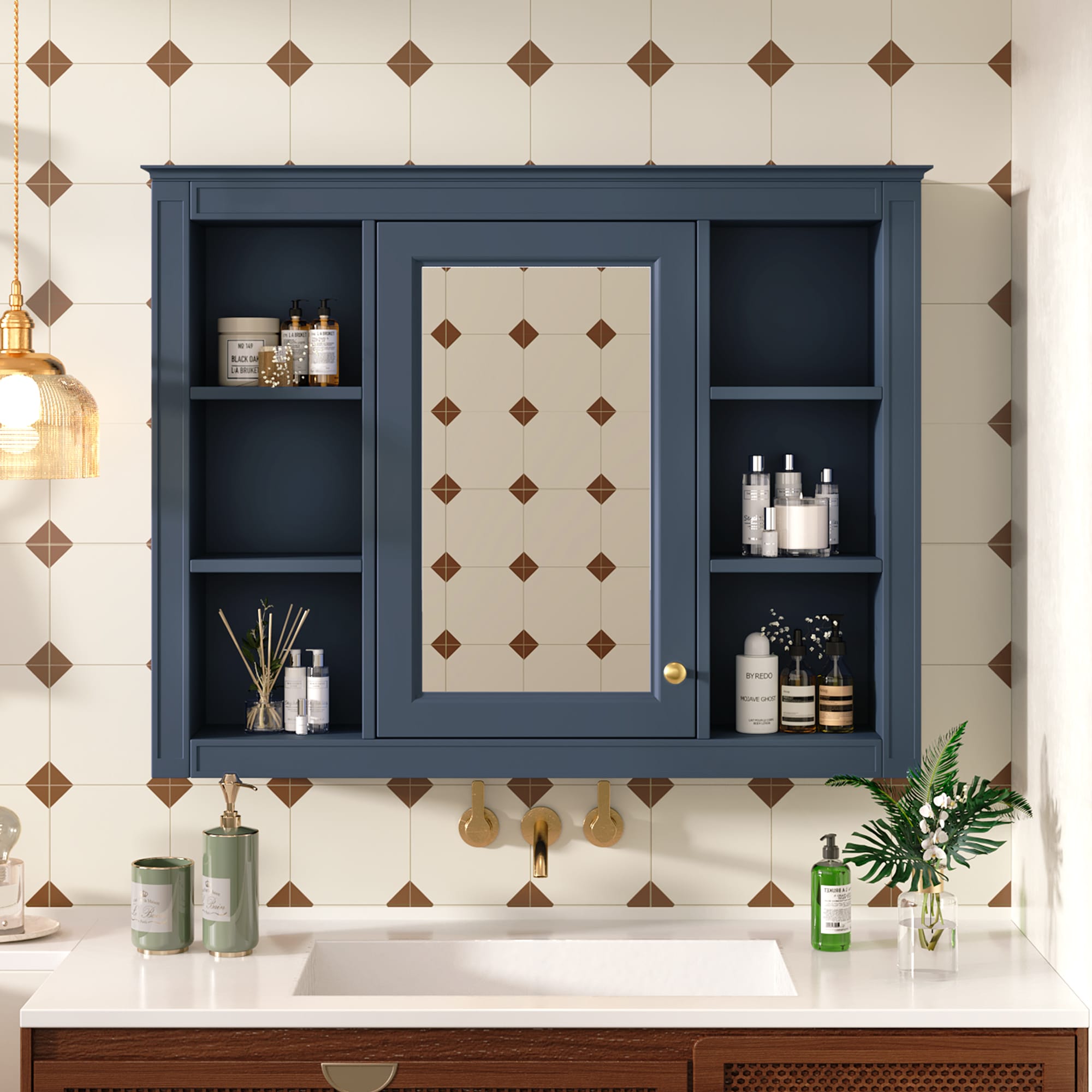 KWPZQEB 35-in x 28-in Wall Mounted Medicine Cabinet Bathroom Wall Cabinet with Mirror for Bathrooms and Kitchens-Blue