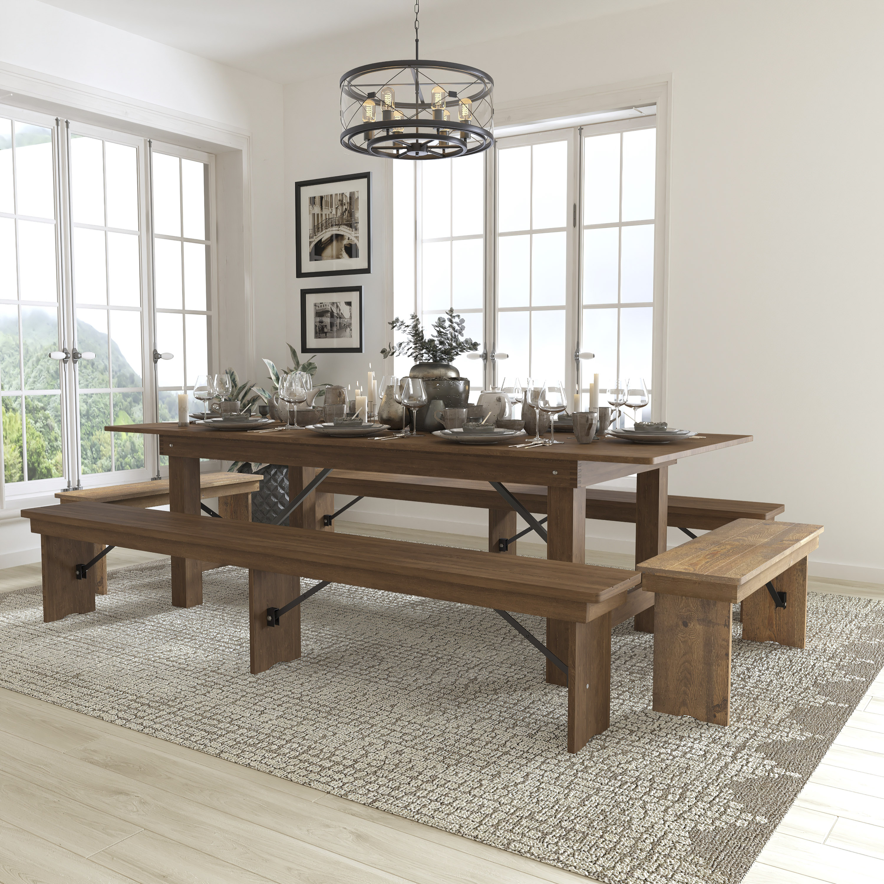 Flash Furniture 889142221210 Antique Rustic Rustic Dining Room Set with Rectangular Table ( Seats 10 )