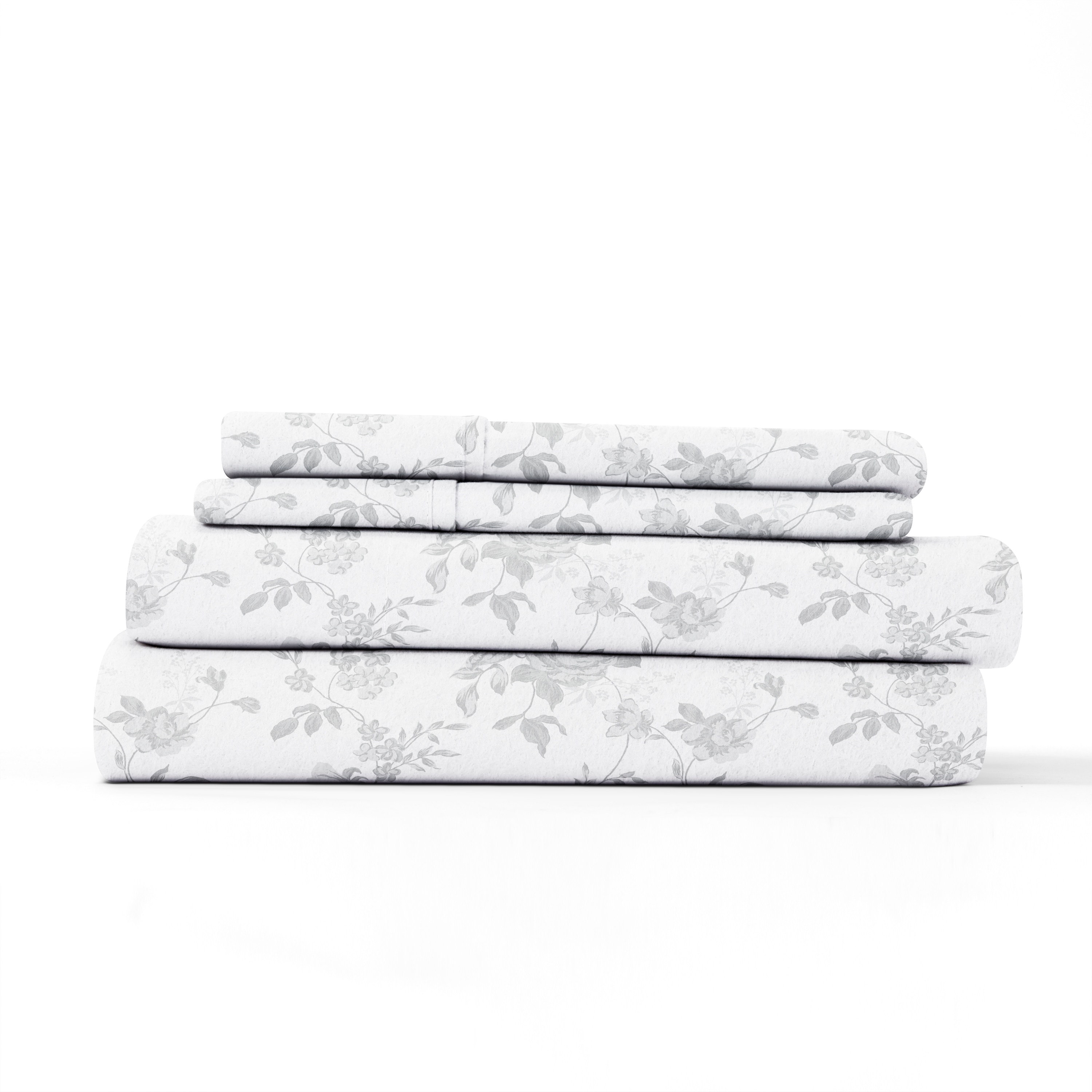 Gray Floral Cotton Flannel Queen Deep Pocket Sheet Set