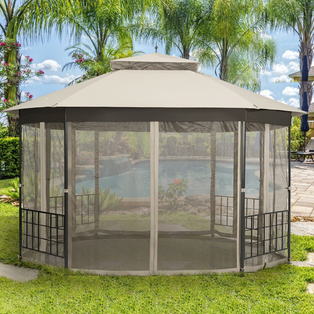 12-ft x 10-ft Rectangle Brown Metal Polyester Roof Semi-permanent Gazebo with Screen Included | - WELLFOR DOZ70383BE