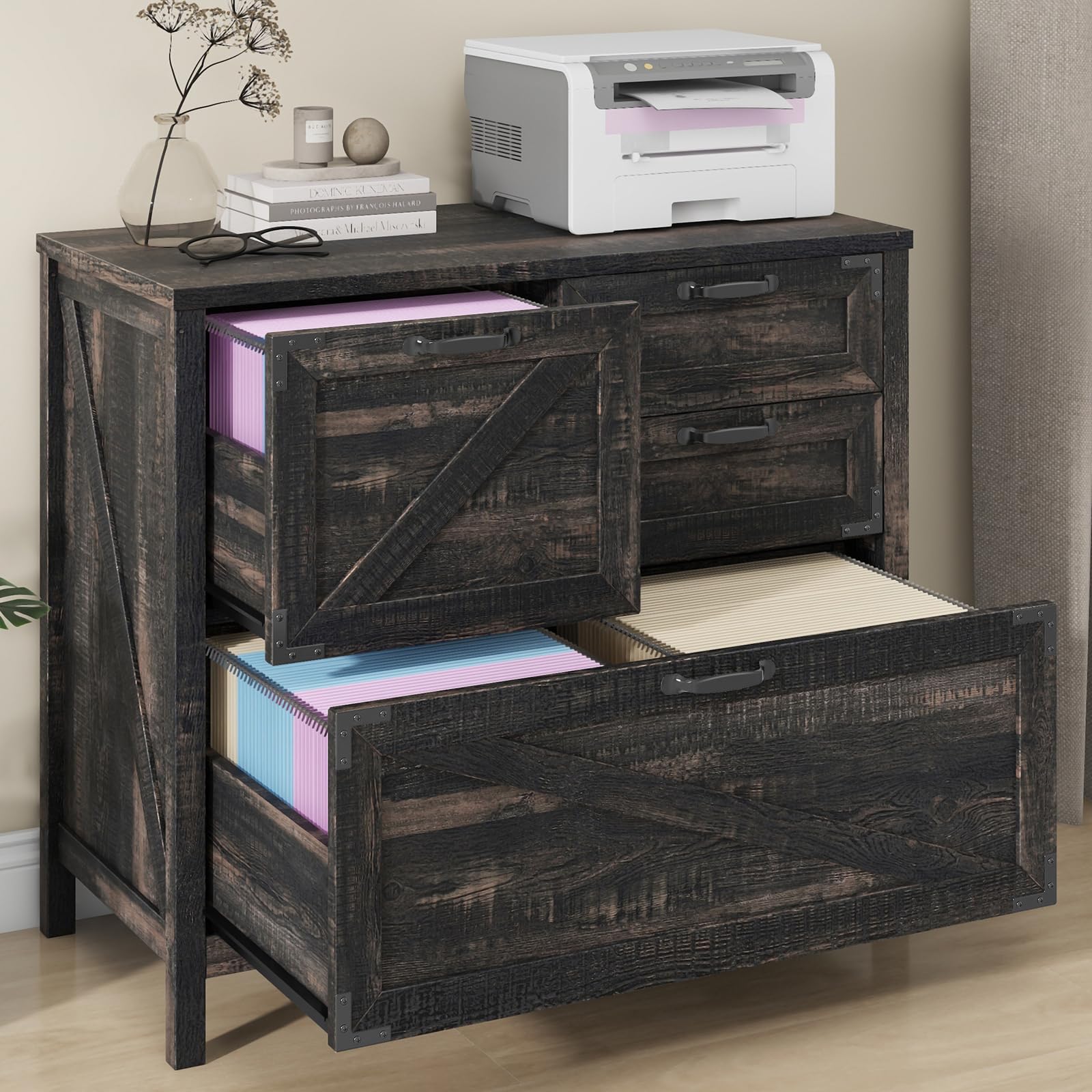 Vabches  Farmhouse Lateral File Cabinet 4 Drawer File Cabinet Letter Legal A4 Hanging File Storage Wood Filing Cabinet Printer Stand Home Office Storage Cabinet 33.27W x 15.75D x 28.94H
