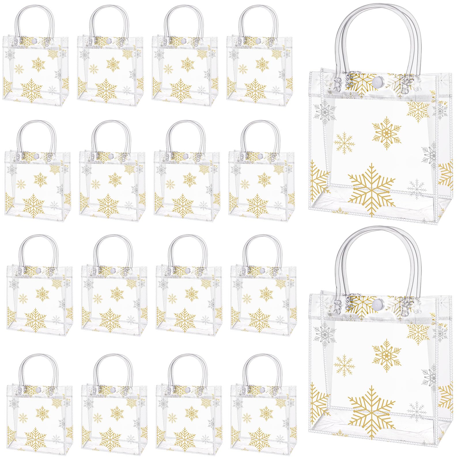 Aoibox  Clear Plastic Snowflake Print Tote Gift Bags with Handles Gold 6 3 x 5 91 x 3 15 in Set of 50