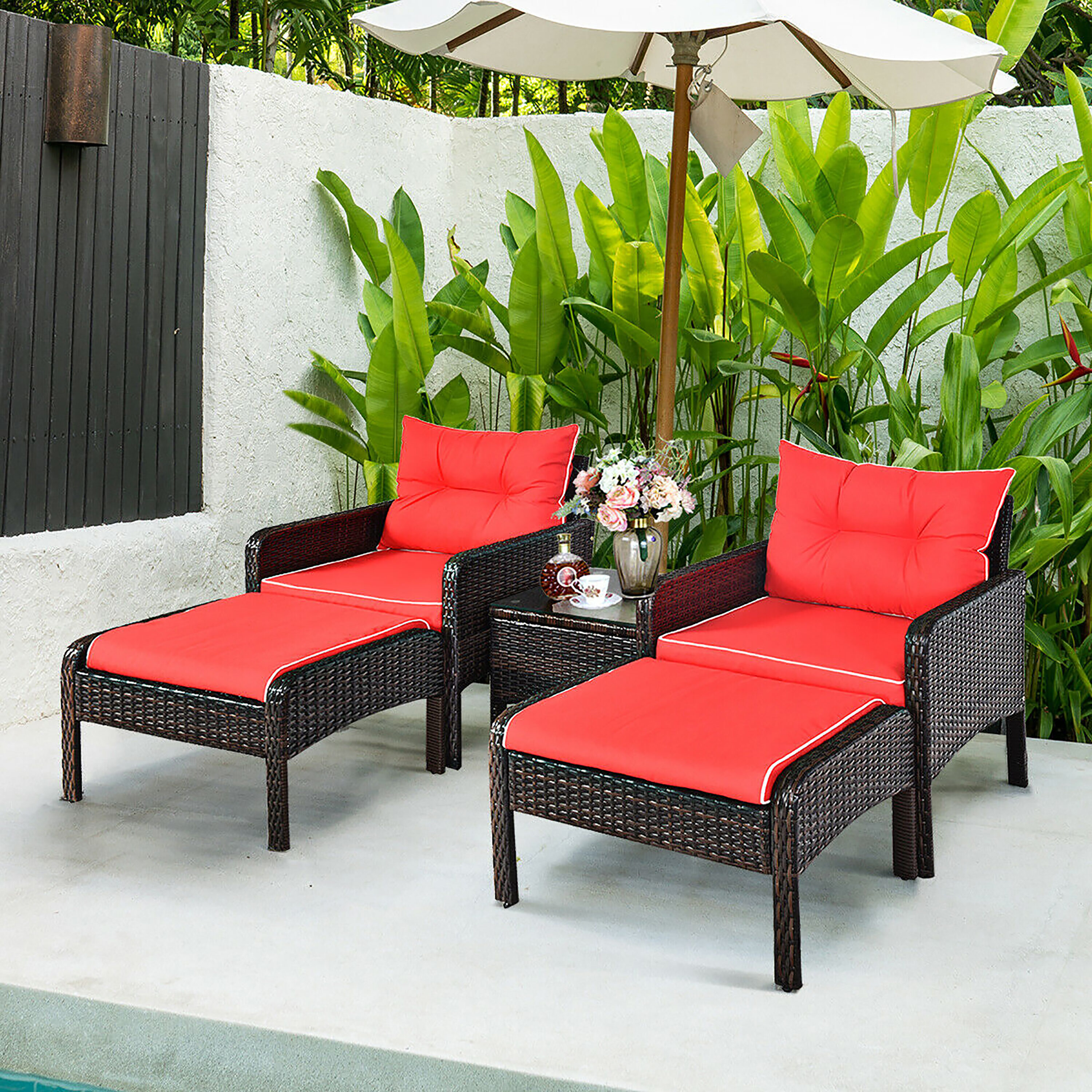 Red Cushioned 2 Person Brown Rattan Conversation Set with Glass Top Table