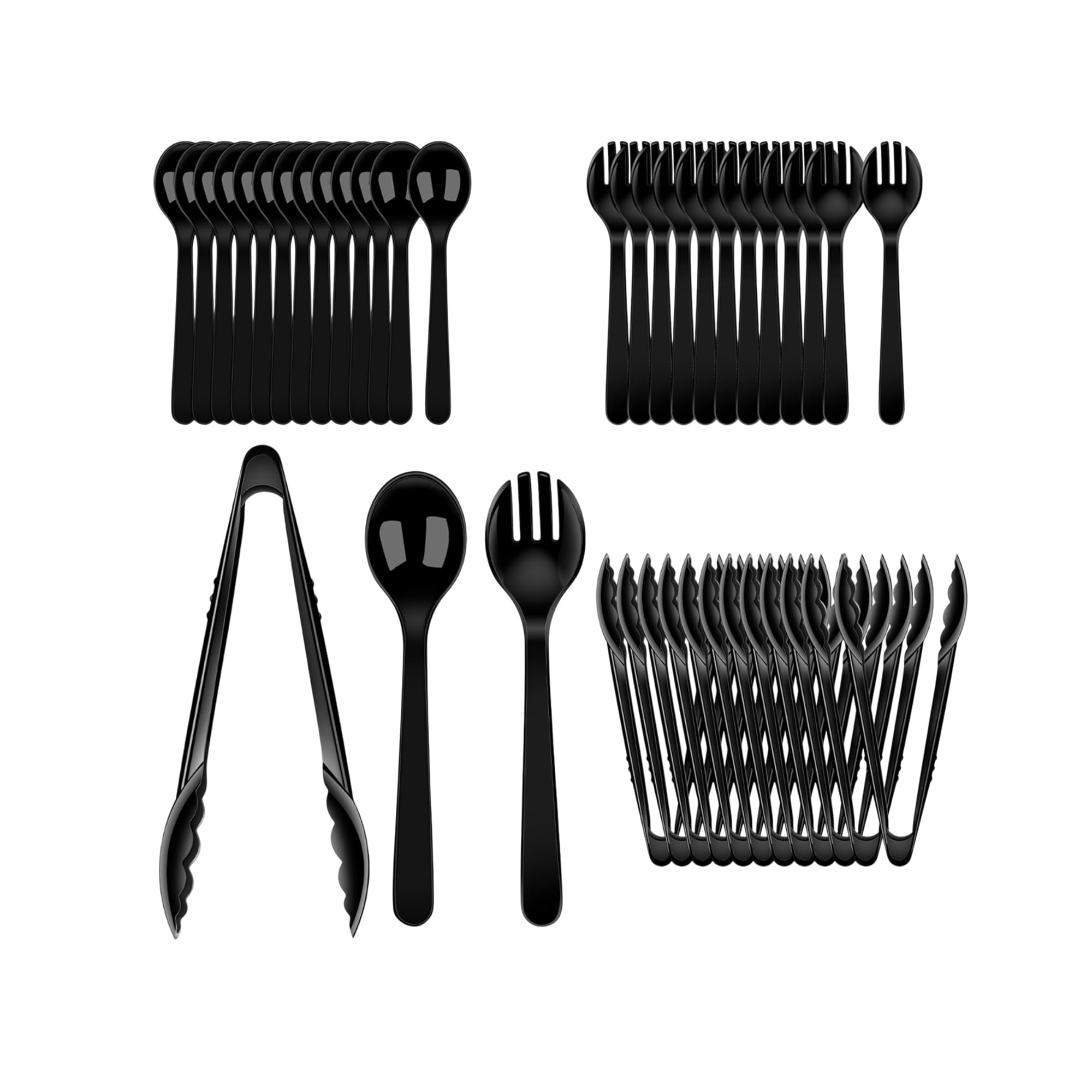 Etokfoks  Black Disposable Serving Utensil Set Heavy Duty BPA Free Spoons Forks Tongs 36 Pieces for Parties