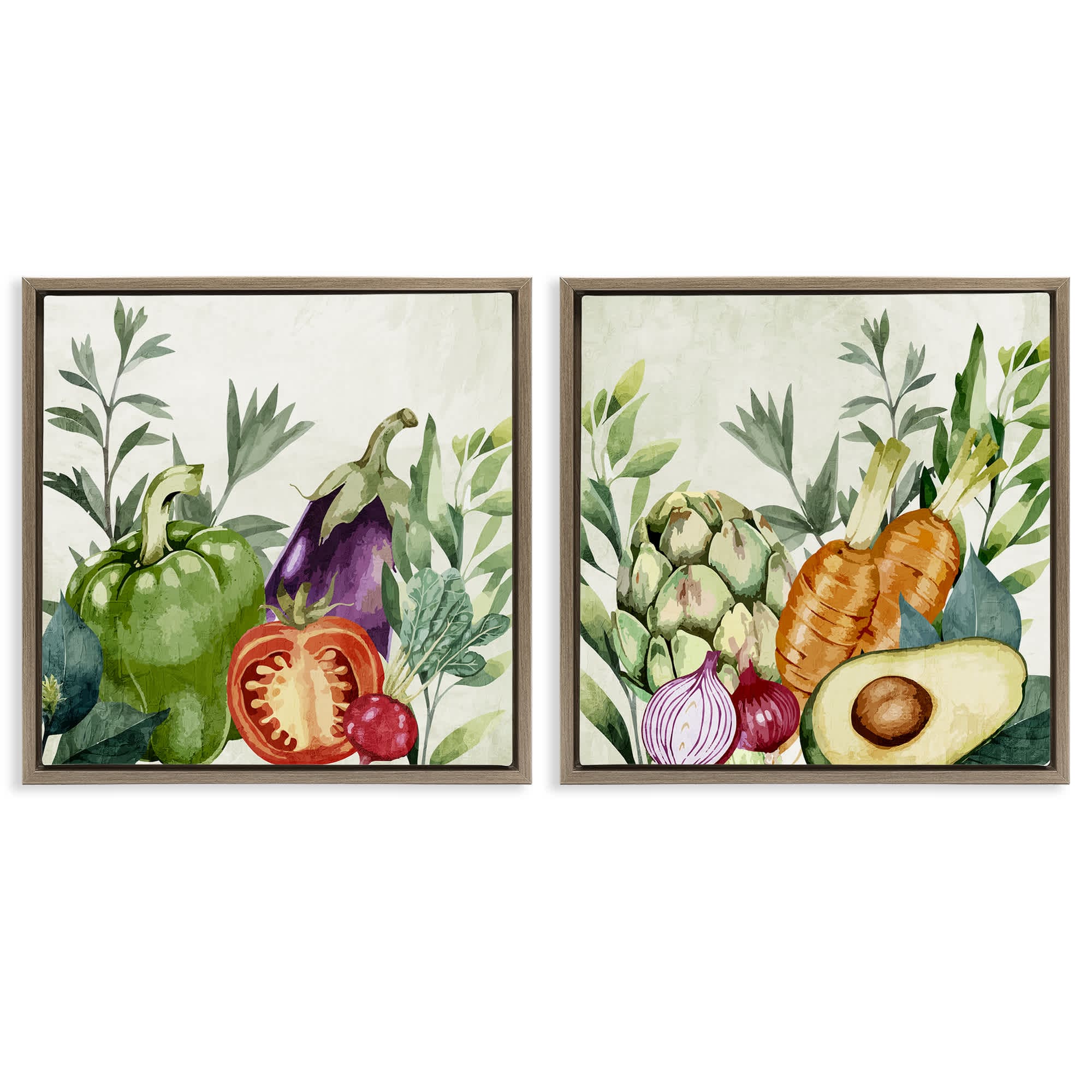 Stupell Industries B2-781-FFE-2PC-17X17 Country Harvest Vegetables 2 Piece Brown Framed Floater Canvas Set By Kim Allen 18 x 18