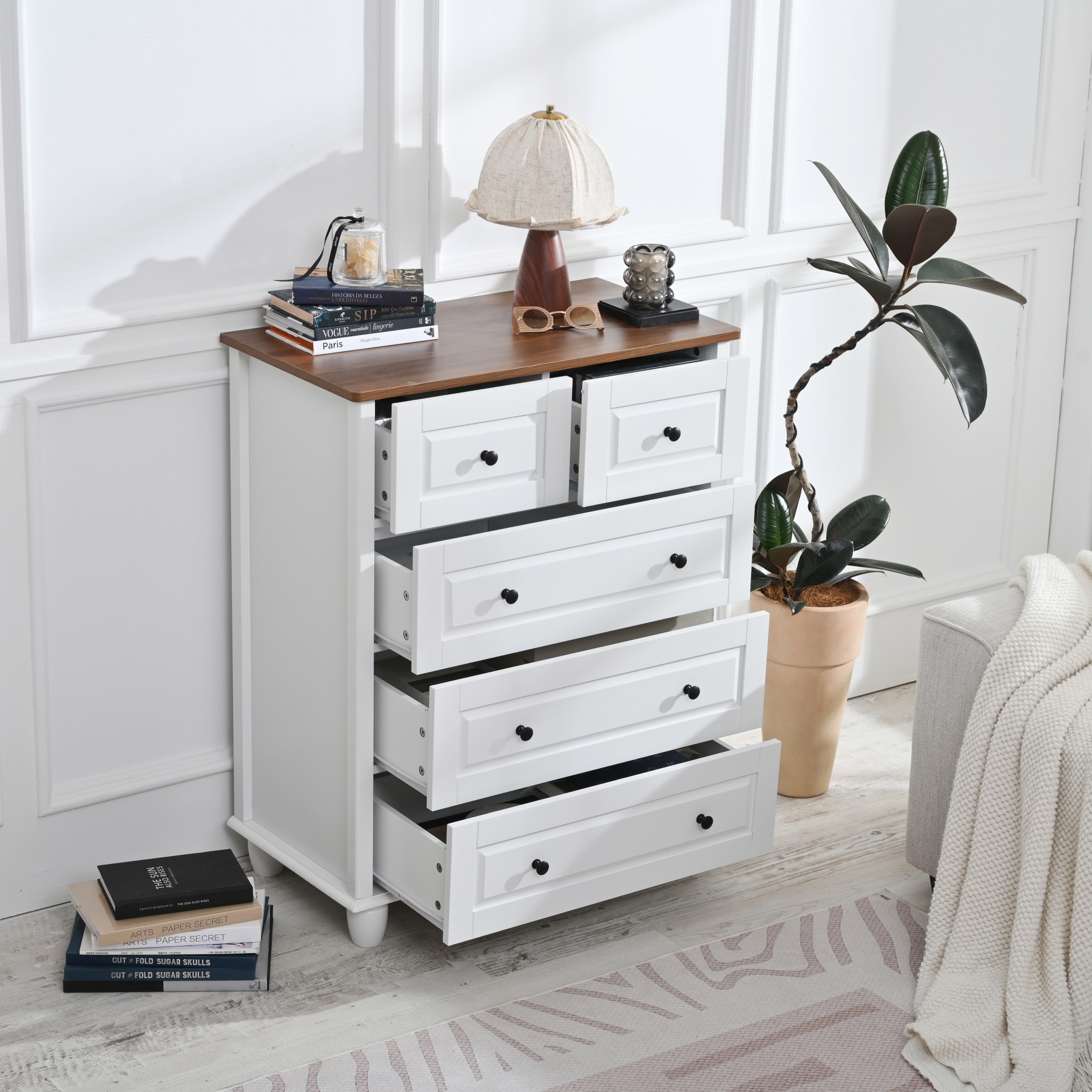 Tatayosi - White Dresser with 5 Drawers Tall Chest of Drawers 5 Drawer Dresser with Deep Space Wo...