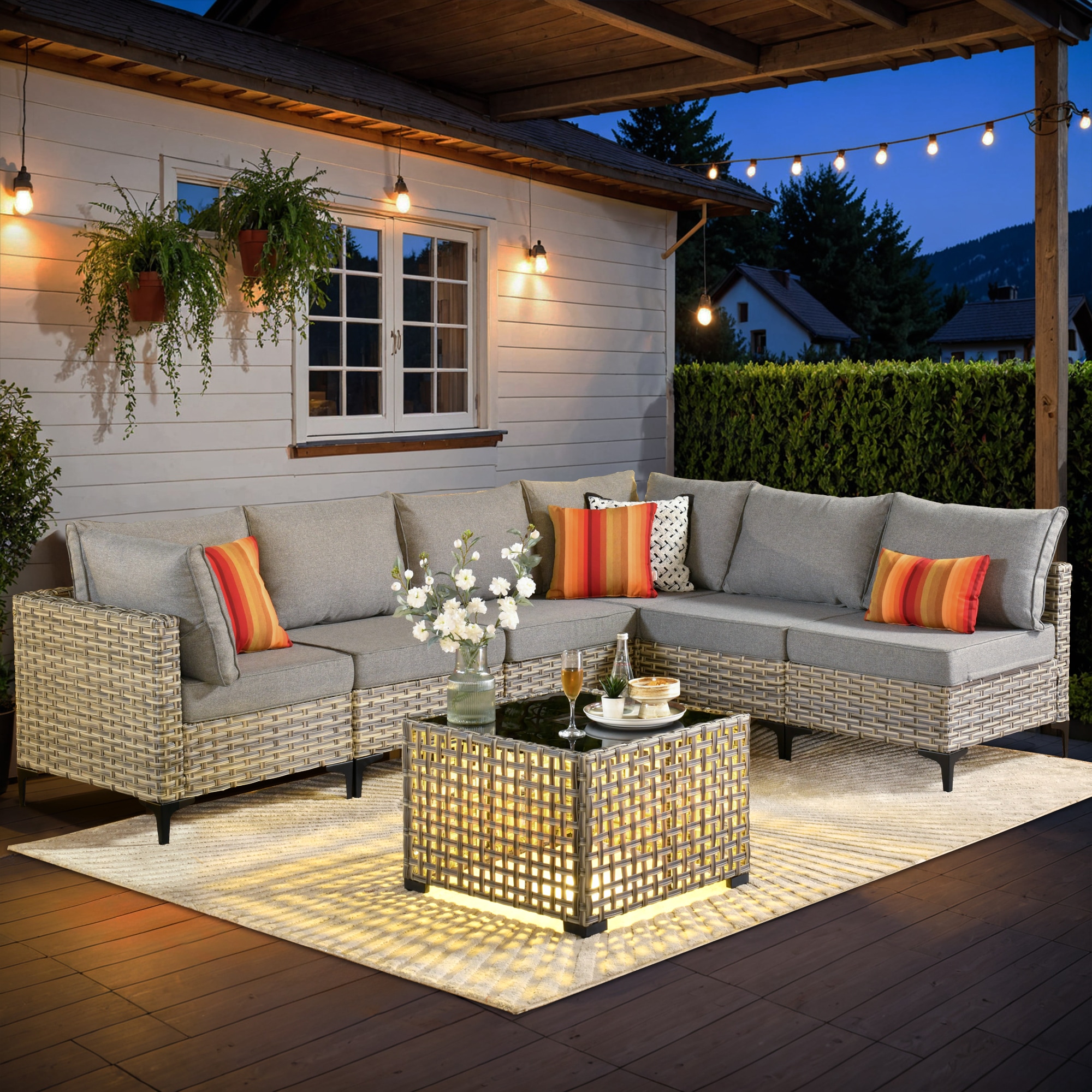 Ovios SK207 7 -Piece Wicker Patio Conversation Set with Dark Gray Cushions