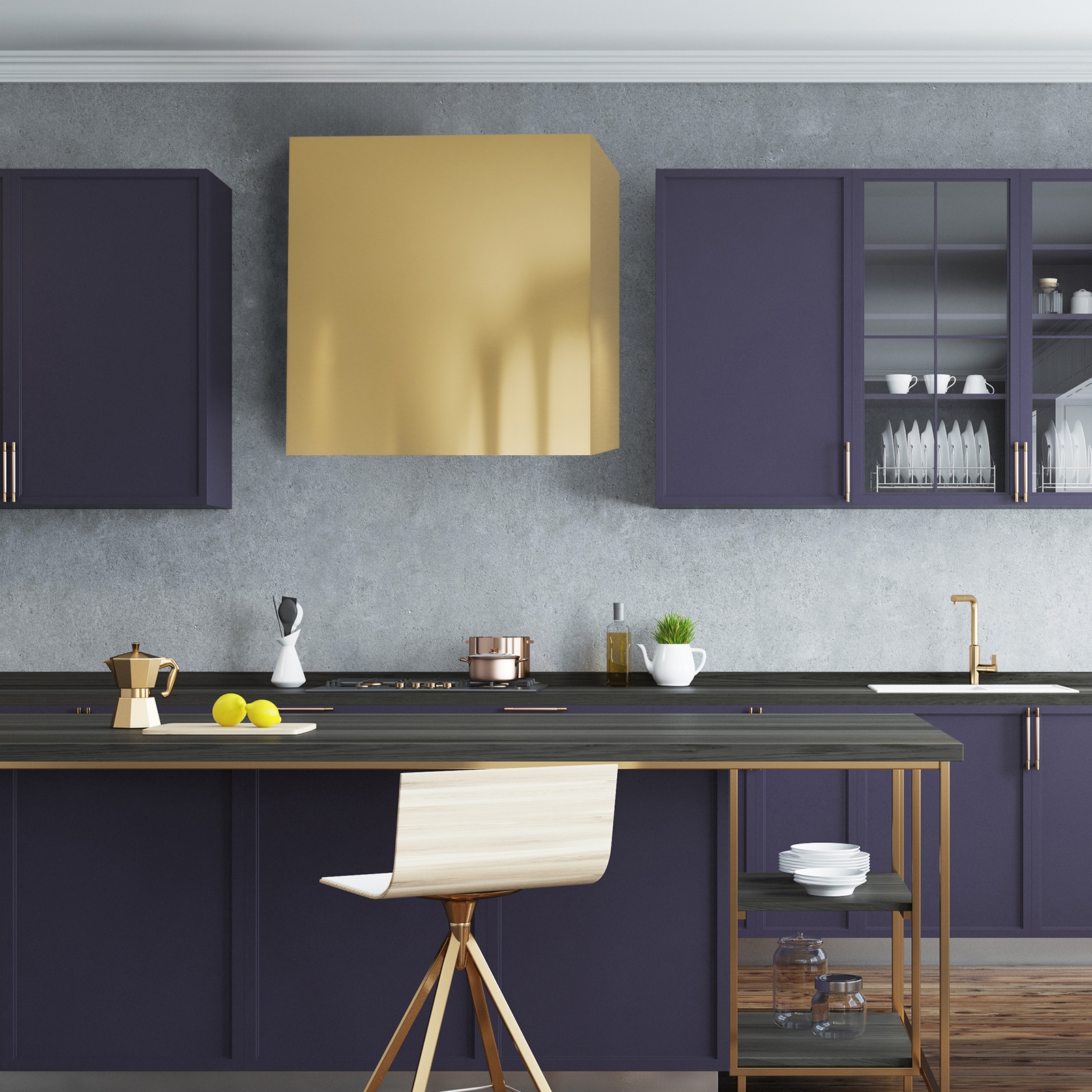 Matte Gold Stainless Steel Wall Mounted Range Hood with Charcoal Filter