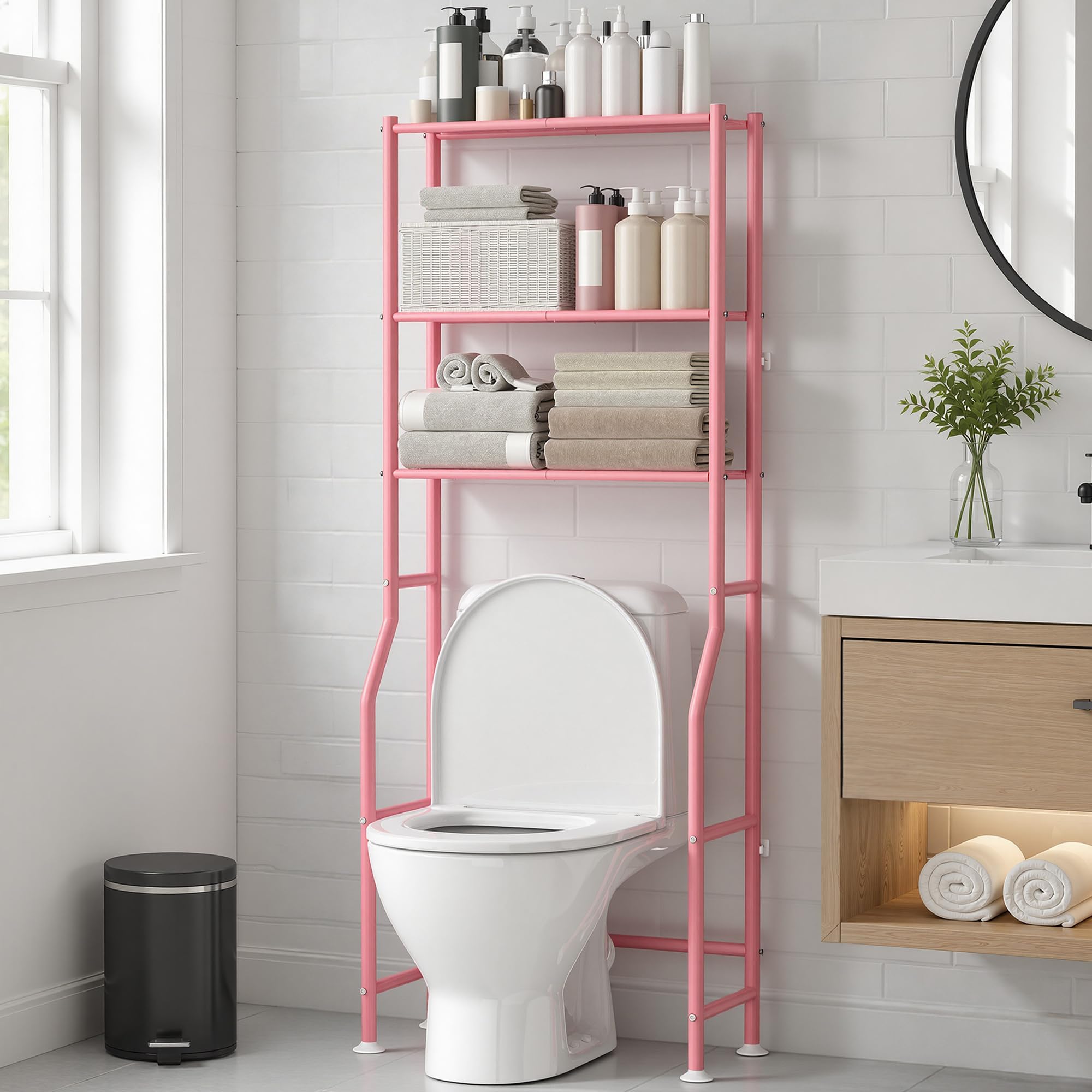 TNSO Pink 3 Tier Over Toilet Storage Freestanding Carbon Steel Bathroom Organizer Shelves