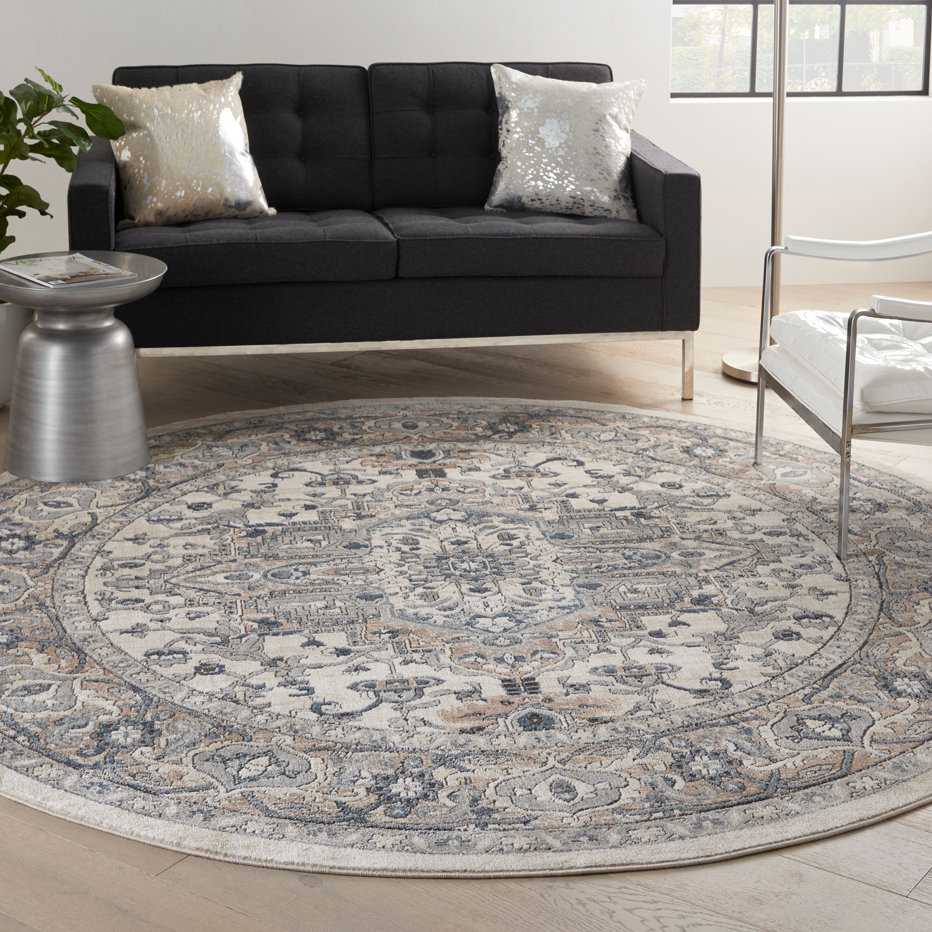 Nourison 099446808646 Concerto 8 x 8 (ft) Loomed Polypropylene Ivory/Grey Round Indoor Medallion Area rug