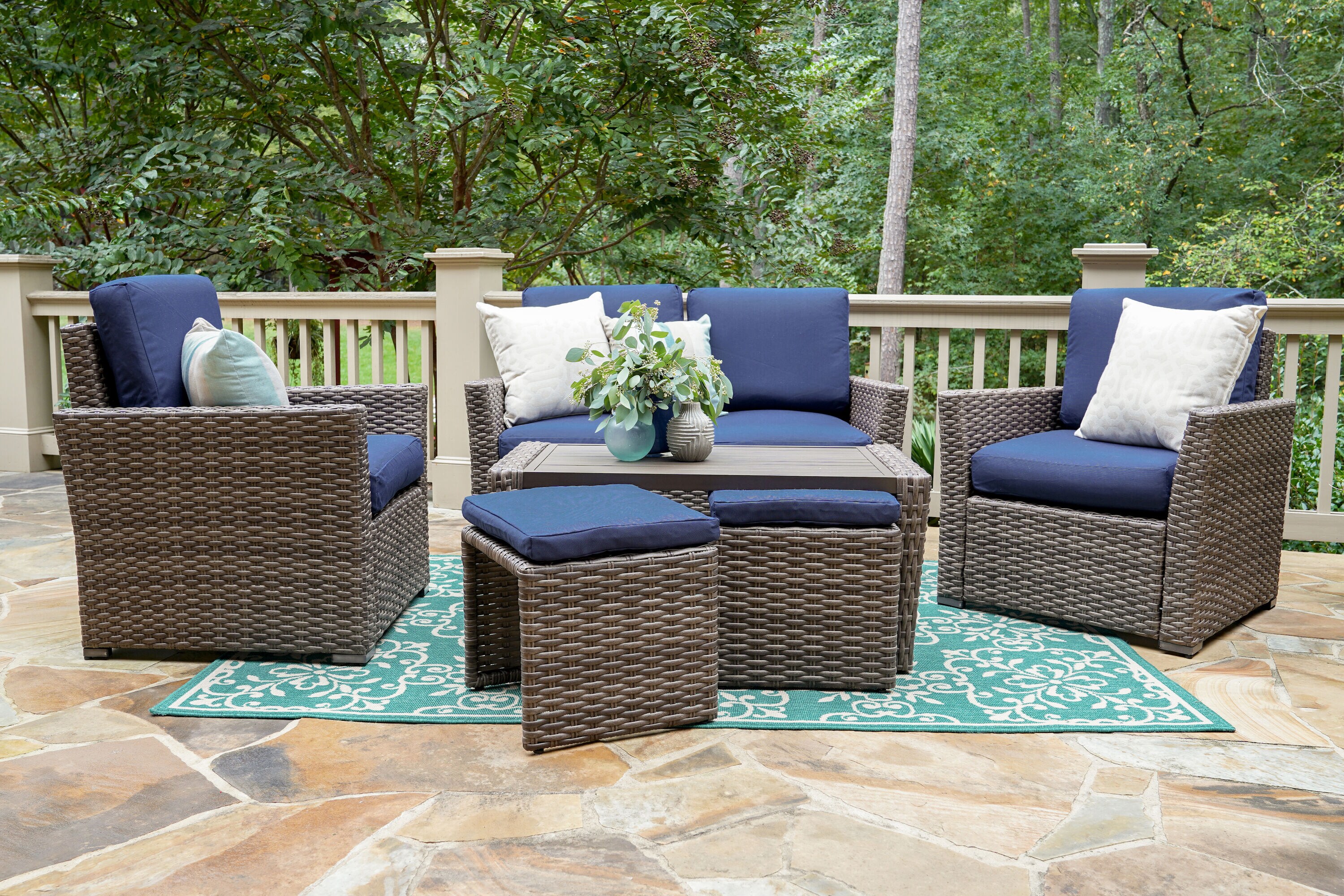 Leisure Made 844019-NVY Newton 6 -Piece Wicker Patio Conversation Set with Blue Solartex Cushions