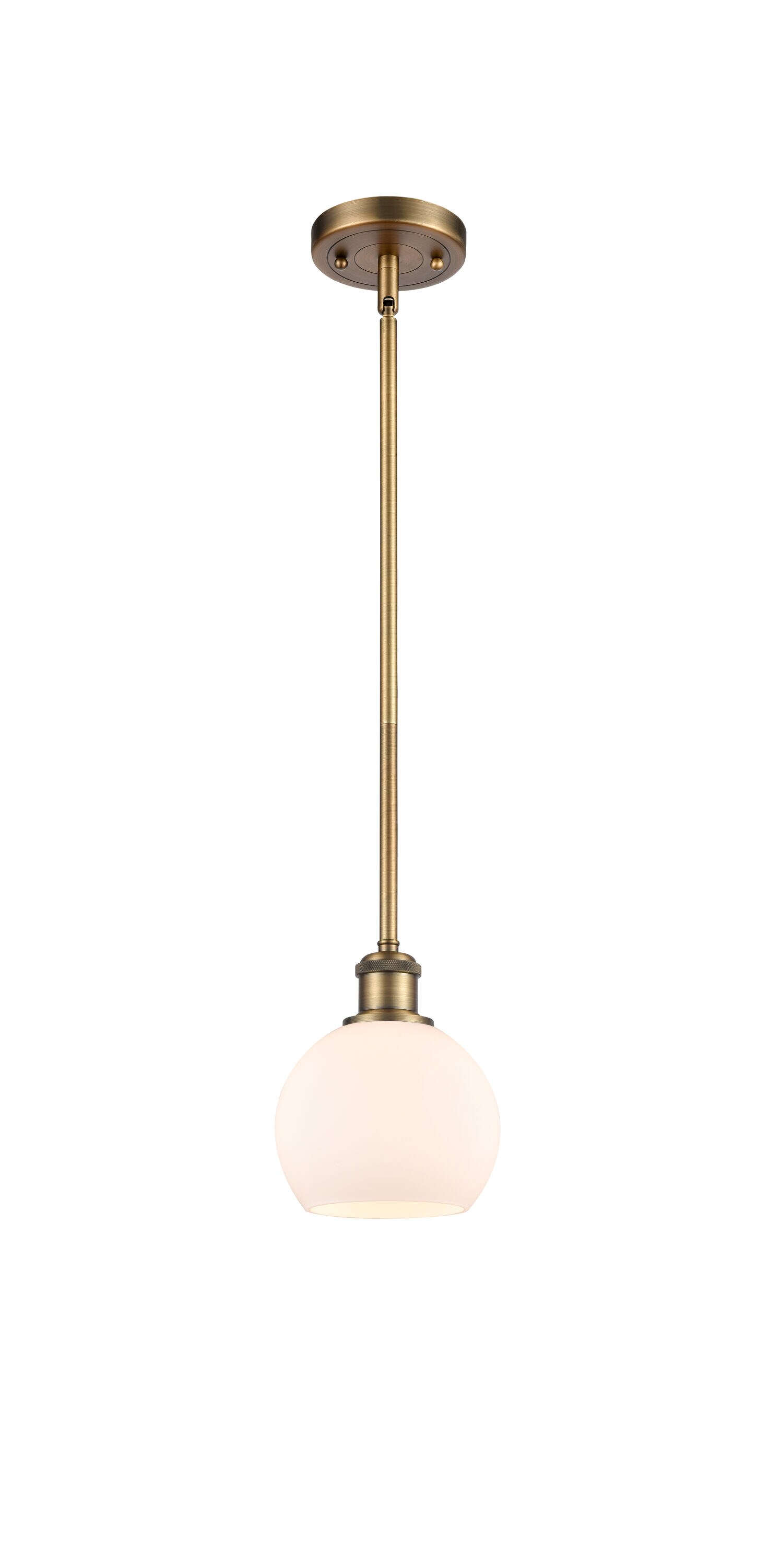 Athens Brushed Brass, Matte White Industrial Opal Glass Globe Mini Hanging Pendant Light | - Innovations Lighting 516-1S-BB-G121-6