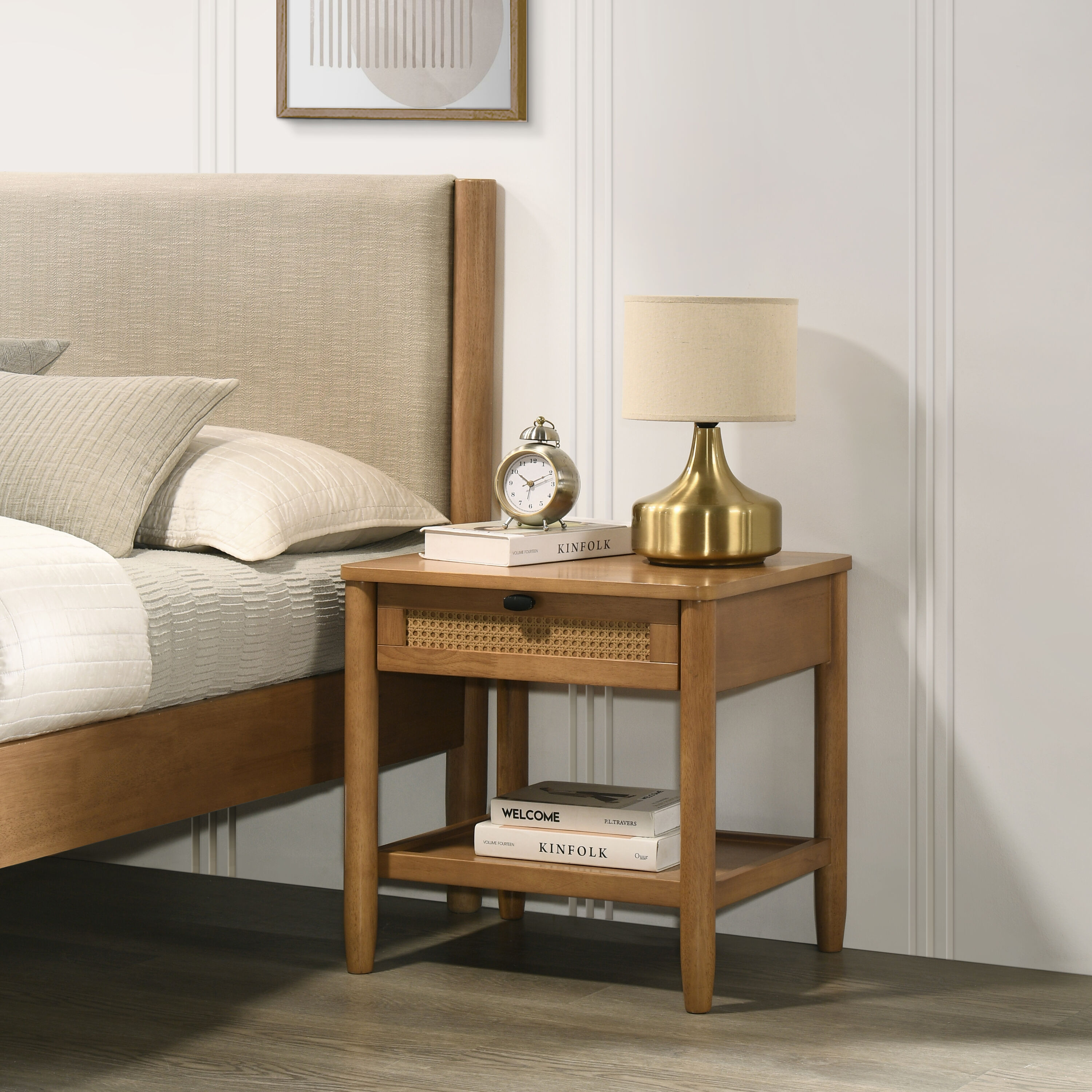 Roundhill Furniture B0878N Vichy Brown Rubberwood Nightstand