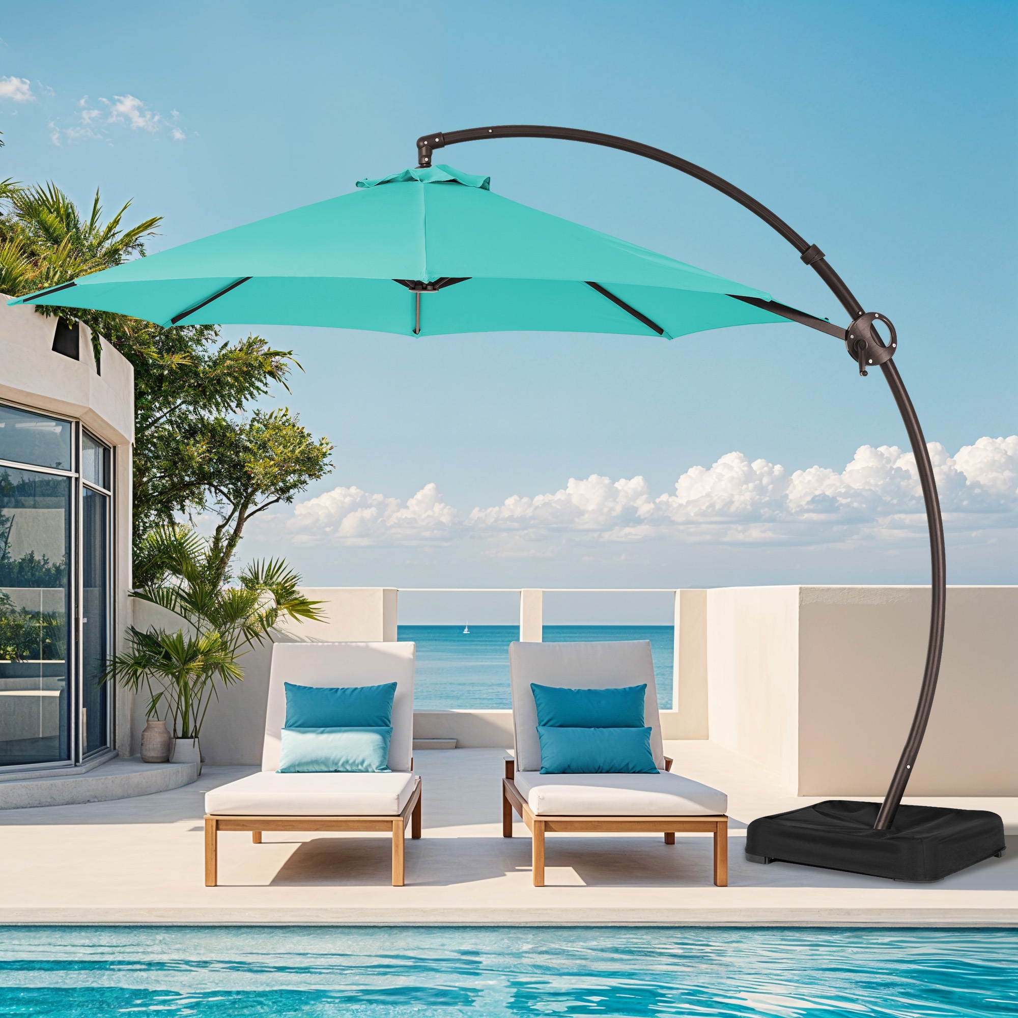 VOUA 10X10-LK-BU+DZ 11-Feet Aluminum Blue Crank Cantilever Patio Umbrella with Base