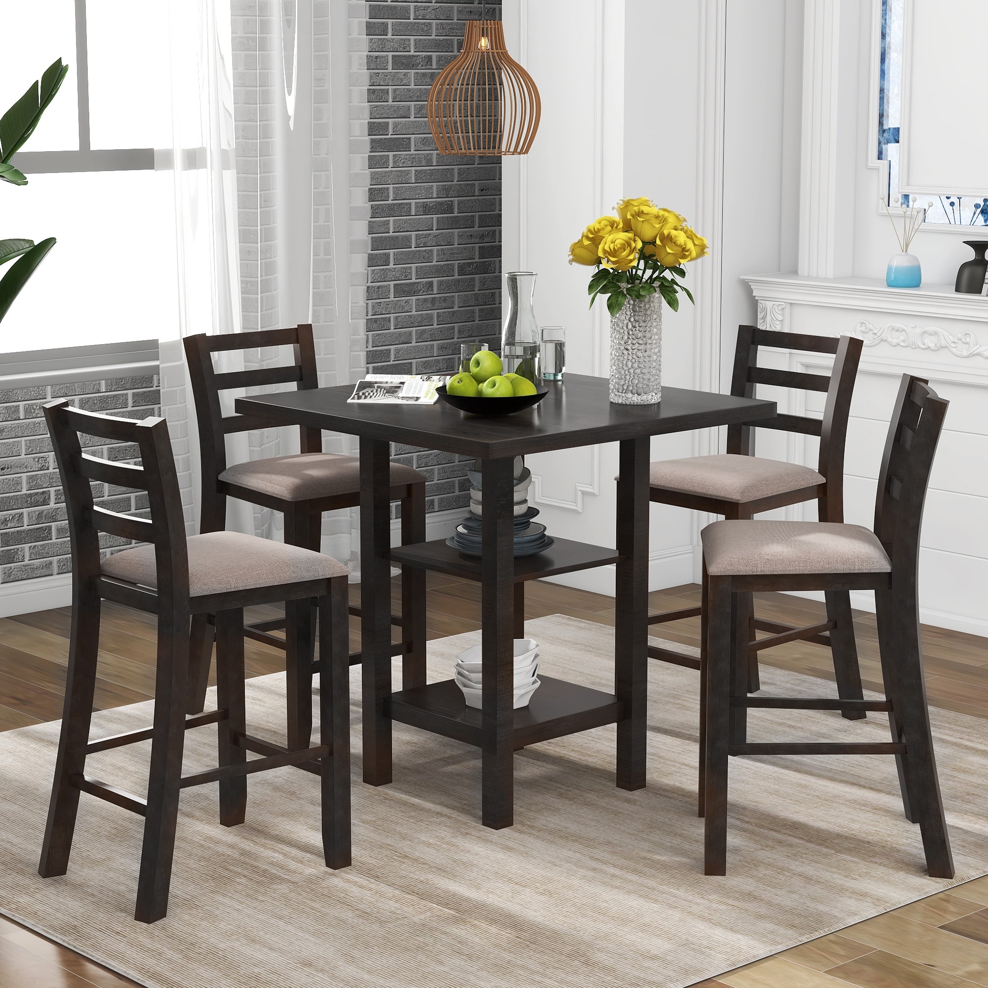 ModernLuxe ST000034AAP 5Piece Wooden Counter Height Dining Set with Padded Chairs and Storage Shelving Espresso