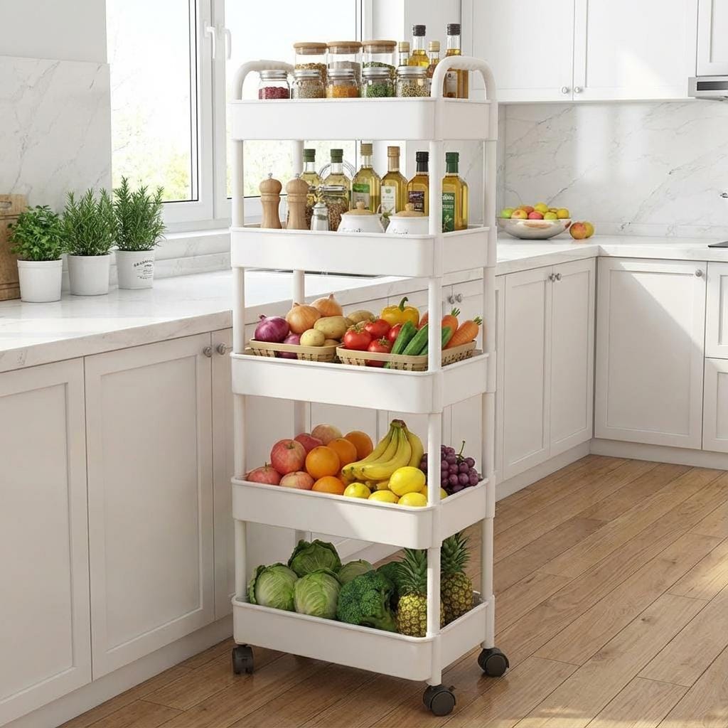 Garvee Home 5-Tier Rolling Storage Trolley Cart with Handle Narrow Utility Organizer Rack Space-Saving Mobile Shelf for Kitchen Bathroom Laundry 41x21x121cm