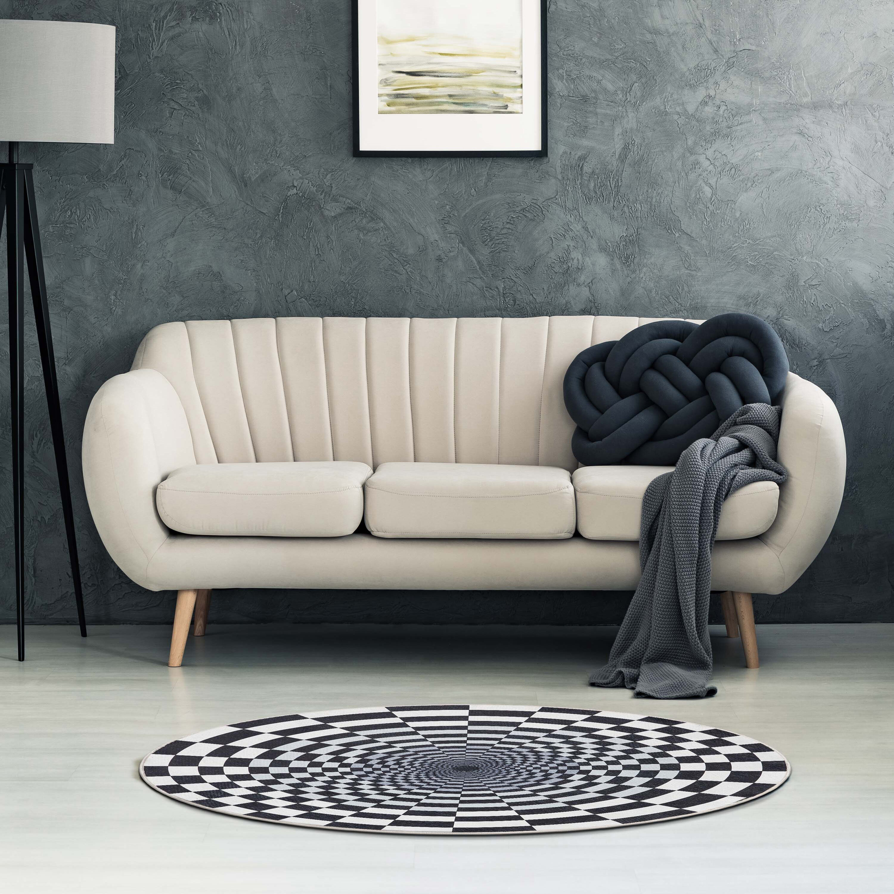 Apollo 3'3" Round Black and Ivory Polyester Chenille Area Rug
