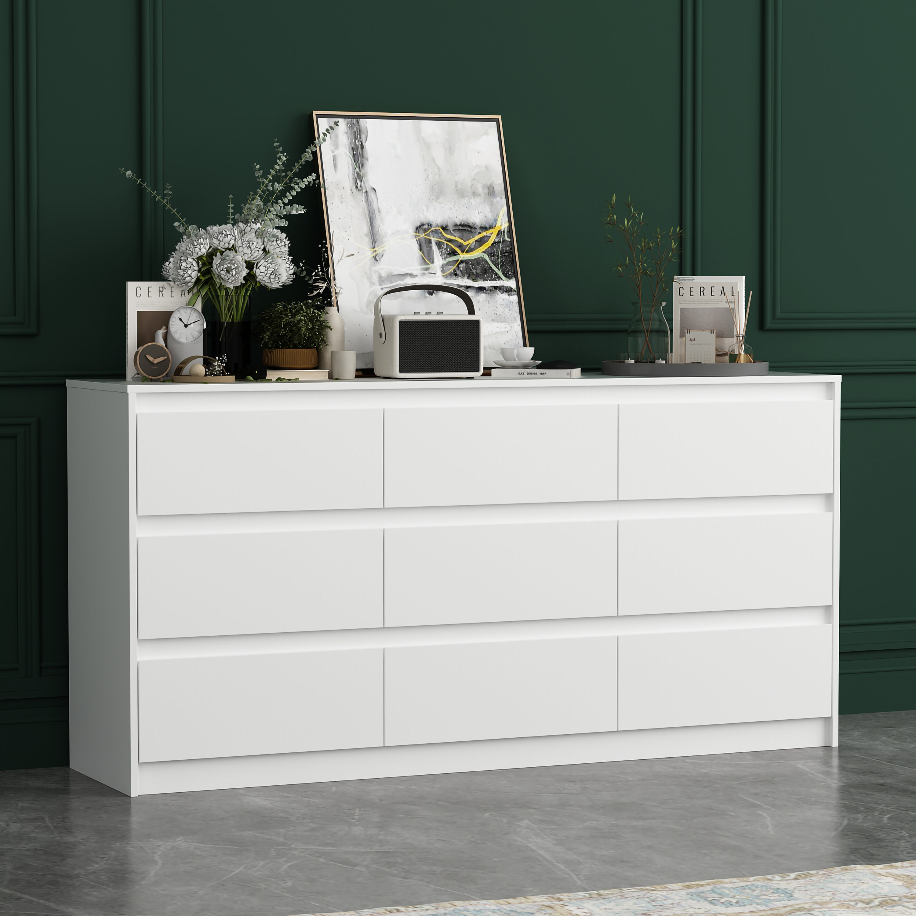 FUFU&GAGA Modern White 9-Drawer Dresser | Spacious Storage | Easy Assembly | Contemporary Style | 63-in x 15.7-in x 31.5-in | Composite Material -  LJY-KF250020-01