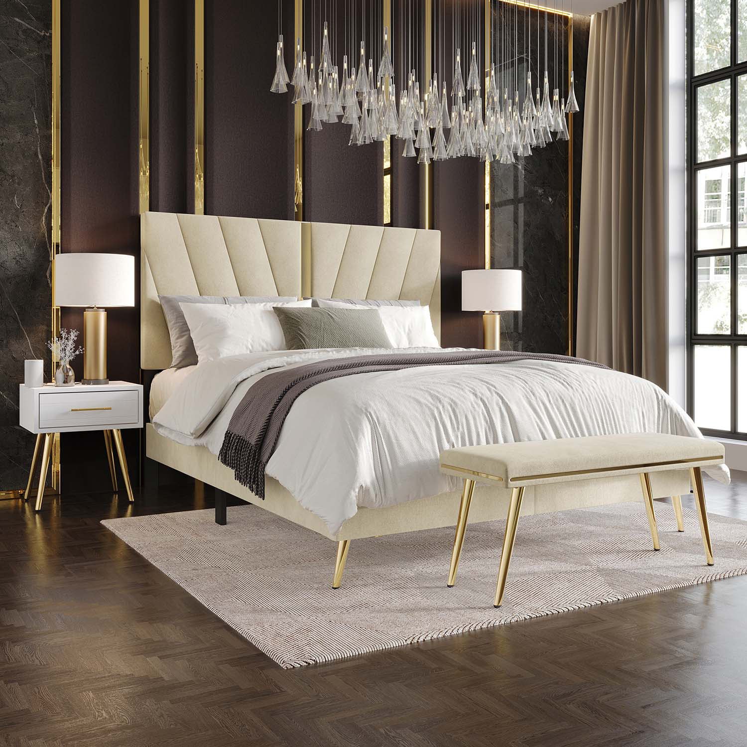 CasePiece C8508FUB-CP-VV-4X Champagne Full Wood Upholstered Bed