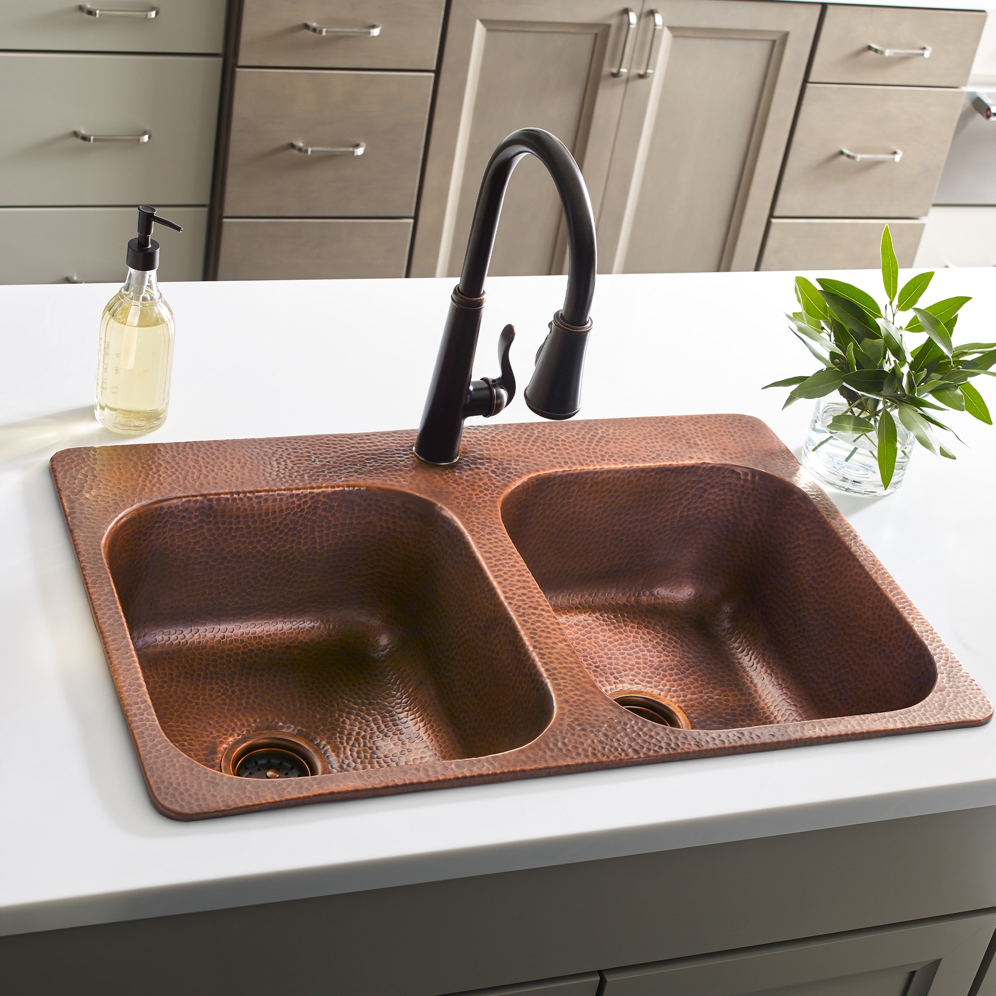 SINKOLOGY SEK105-33AC-1 Angelico Drop-in 33-in x 22-in Copper Double equal bowl 1-Hole 17 -Gauge Kitchen Sink