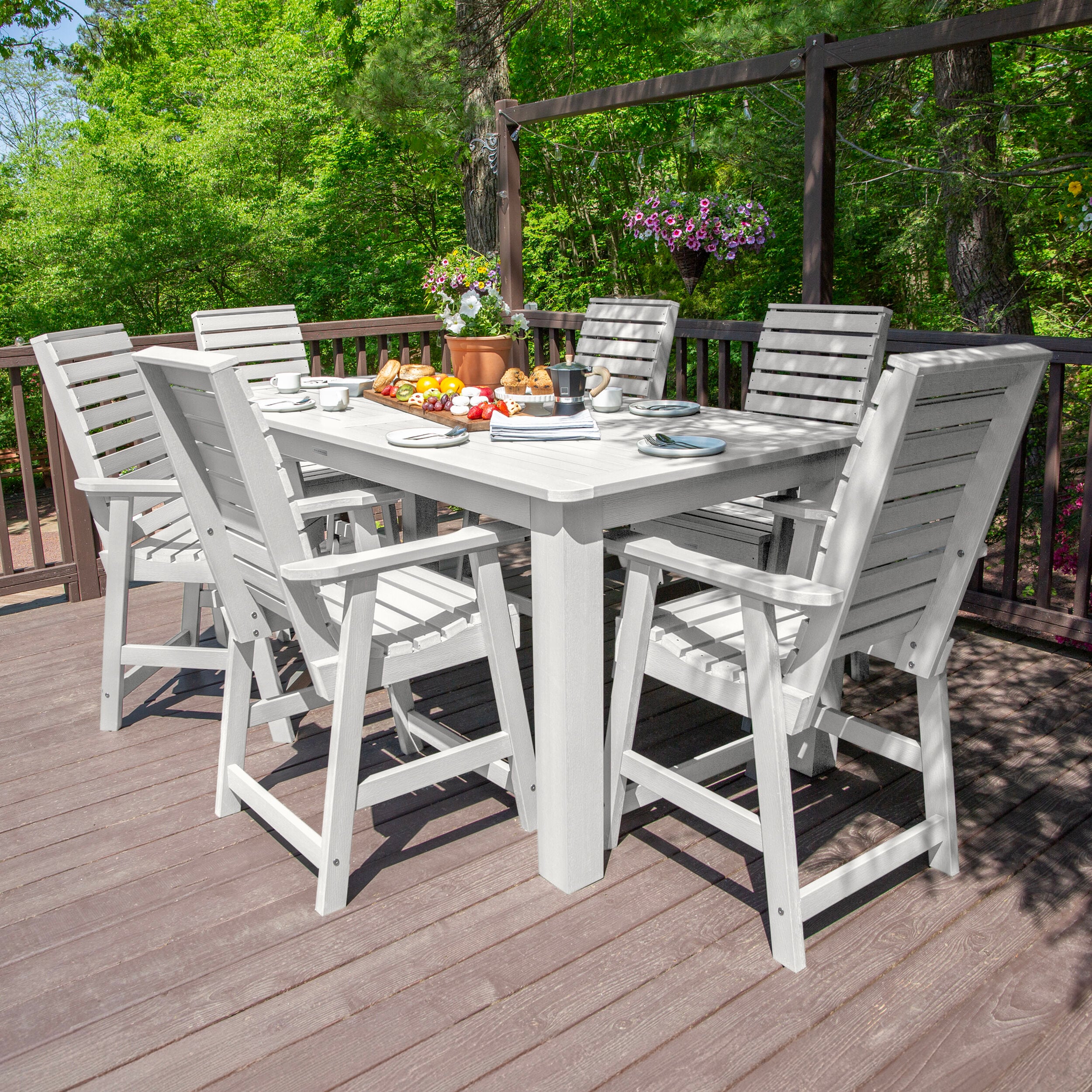 highwood AD-ST7WL2CO5BA-WHE Weatherly 7 -Piece White Counter height Plastic Rectangle Table with 6 Stationary Chairs