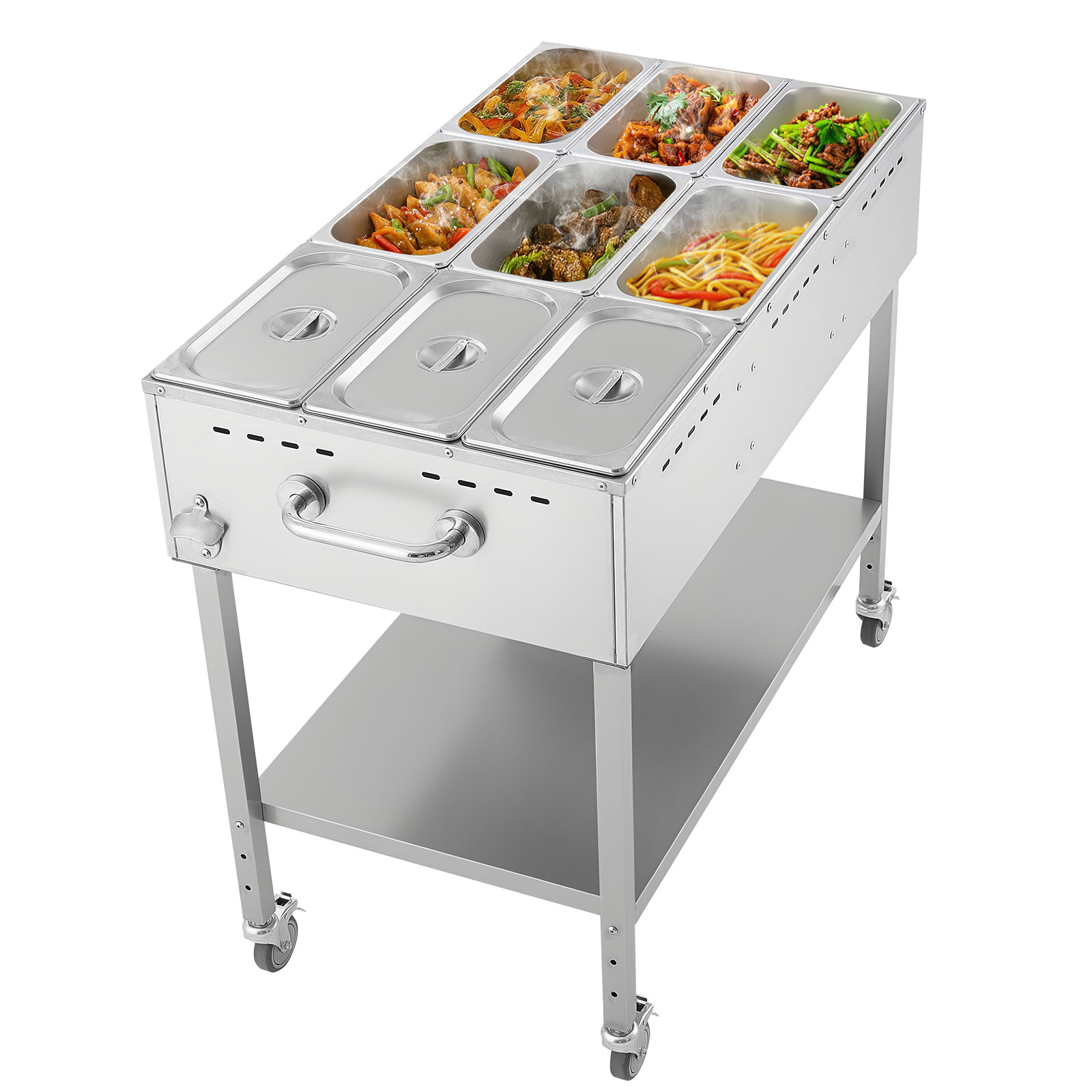 VEVOR SCRQZQZLDKZT08784V0 9-Pan Commercial Propane Steam Table  LP Gas Outdoor Soup Warmer with Drain Valve and 3in Wheels  Stainless Steel Propane Food Warmer with Adjustable Temperature  for Restaurant Outdoor Camping