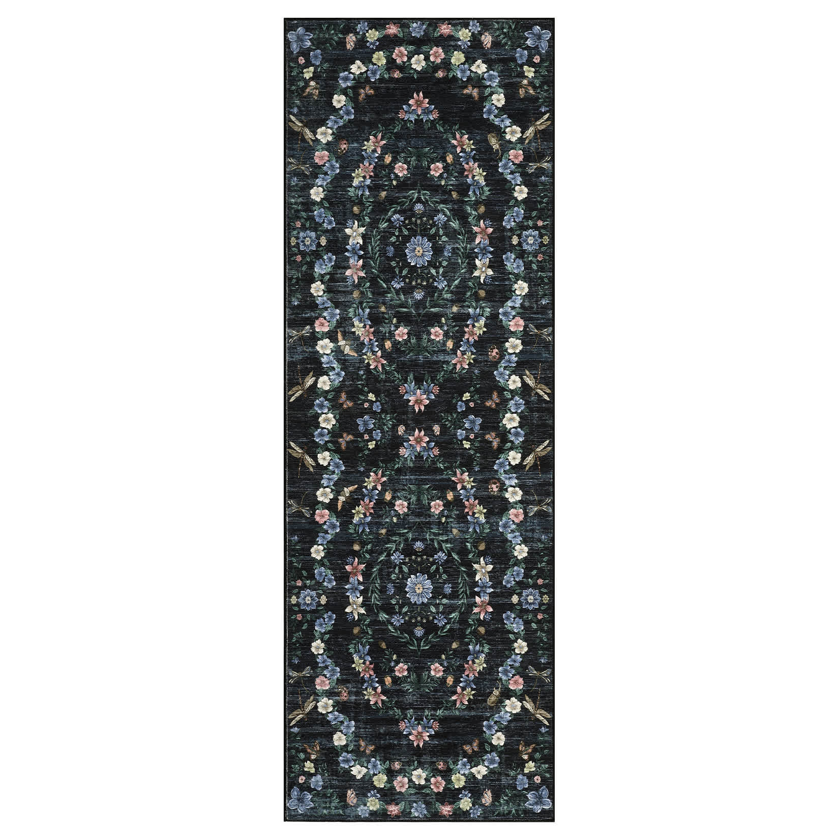 Qeetex LSN-PHK-34BNSYS3 2 x 6 ft Polyester Black Rectangular Hallway Bathroom Entryway Kitchen Office Foldable Flower Printed Washable Area Rug