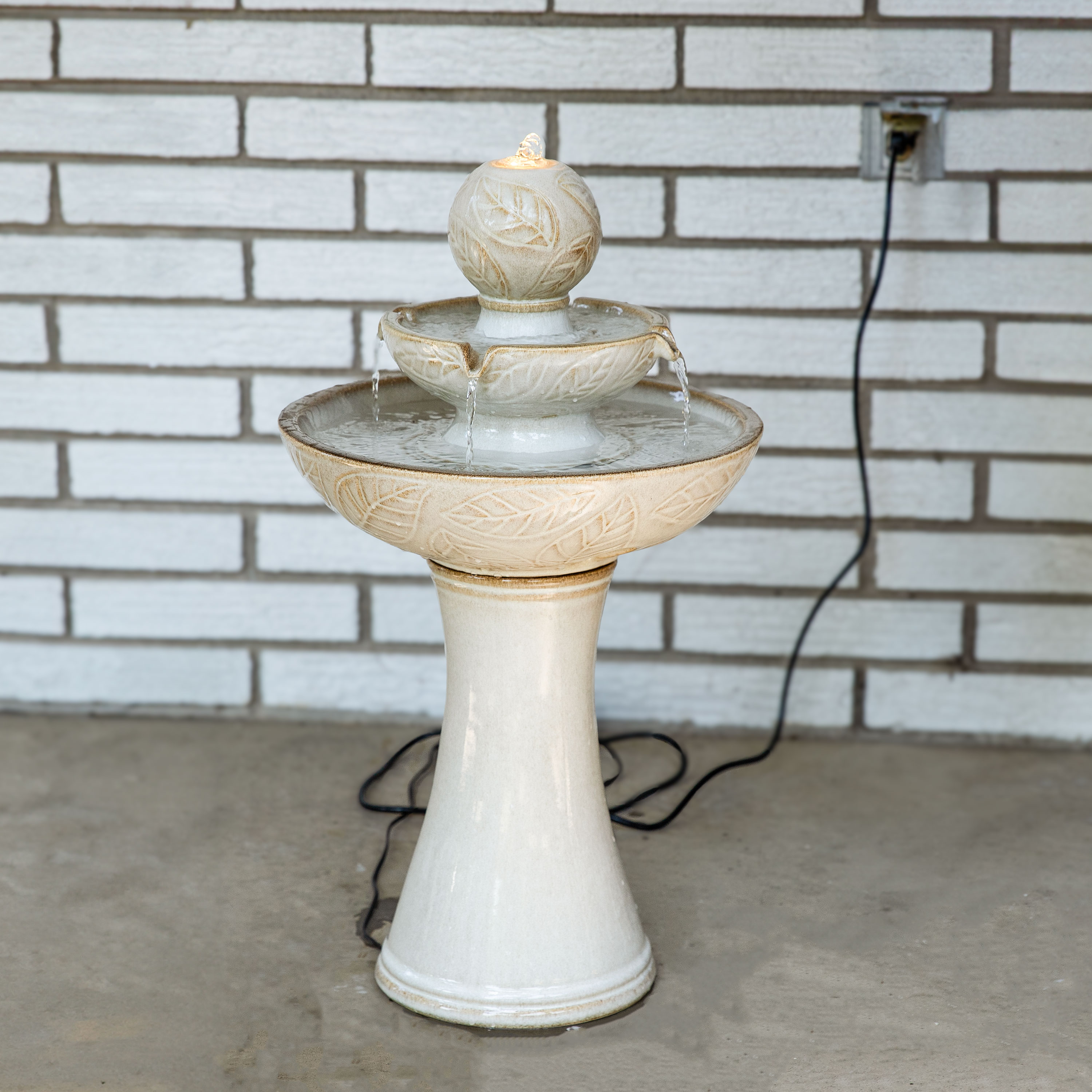 Off-White Ceramic 2-Tier Outdoor Fountain with LED Lights
