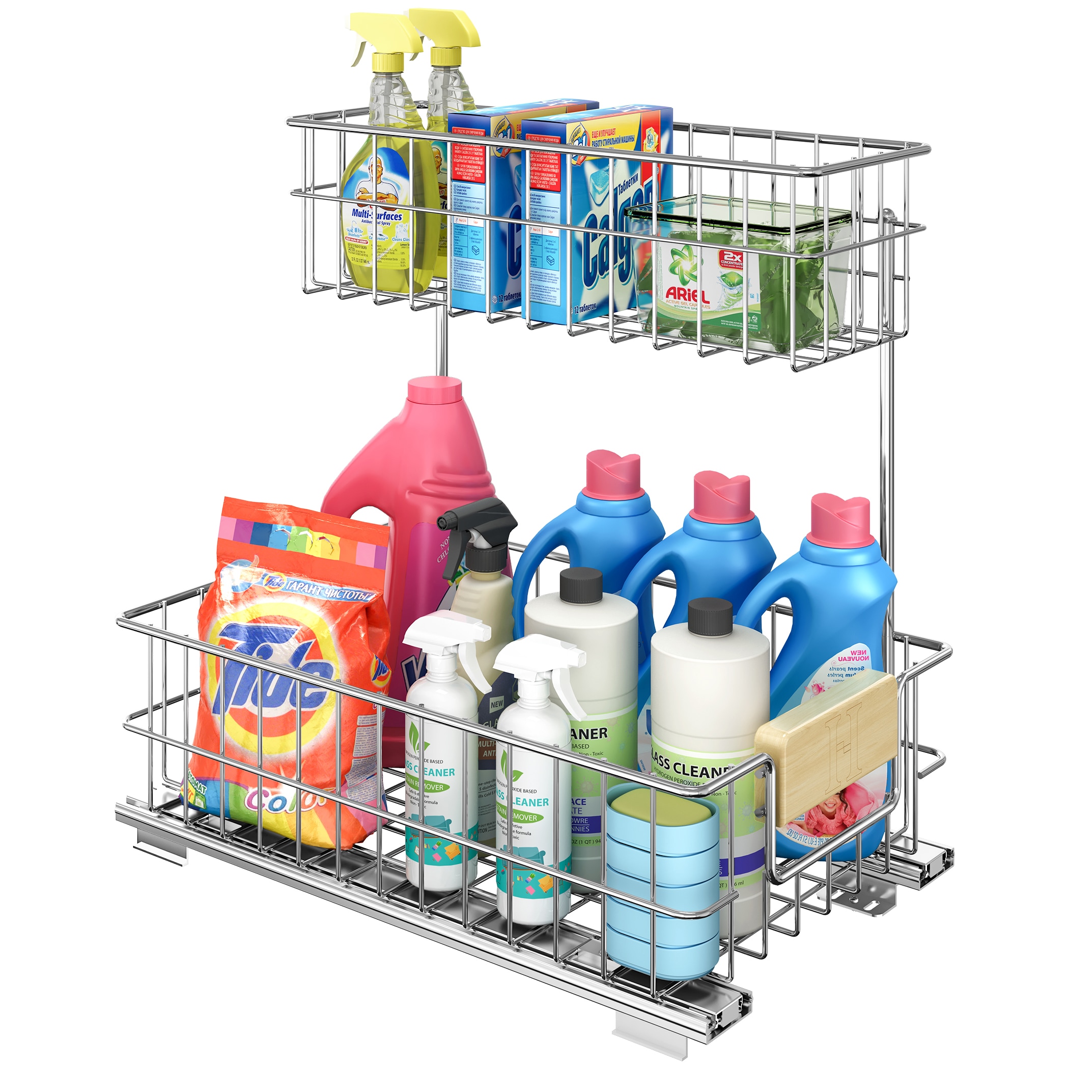 LOVMOR LL-7134005054-LYJ 11.5 in. W x 17.8 in. D Pull Out Under Sink Organizer with Wood Handle   Cabinet Slide Out Storage Shelf with 2-Tier Wire Drawer (Right)