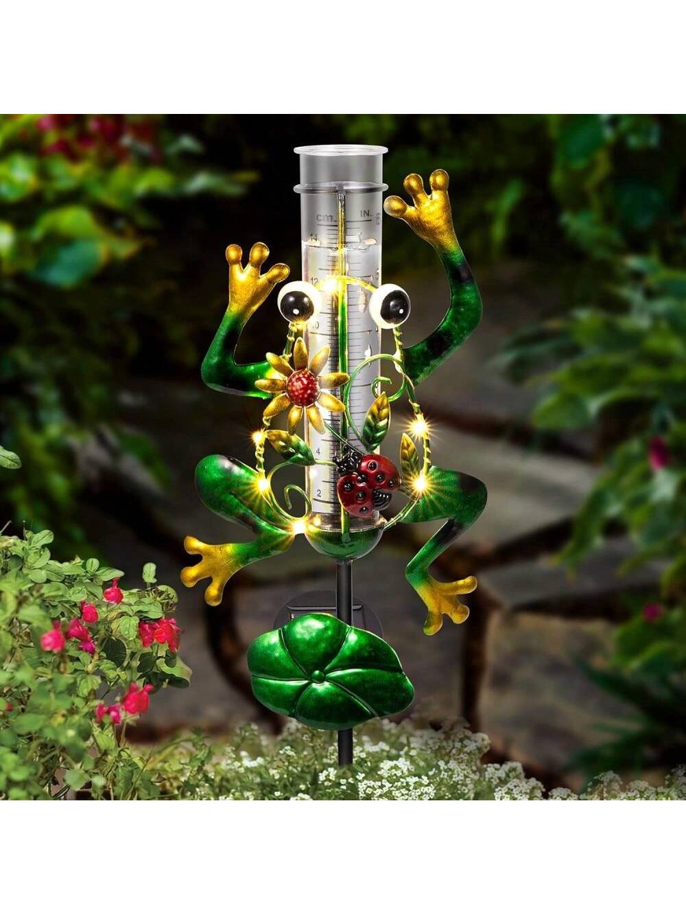 Qeetex PHO-0XTKGYMN-HF4 Frog Shape Outdoor Solar Rain Gauge With LED Ground Light. 6Inch Glass Tube. 2' Stake For Garden. Lawn. Patio. And Pathway Decoration